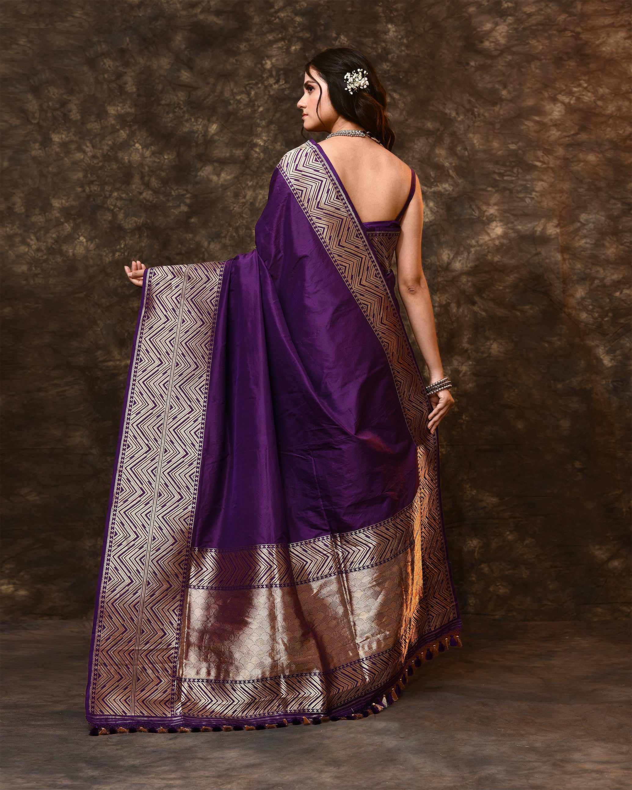 Purple Geometric Border Palla Banarsi Silk Saree