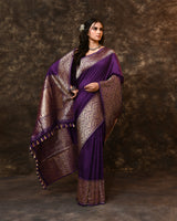 Purple Geometric Border Palla Banarsi Silk Saree