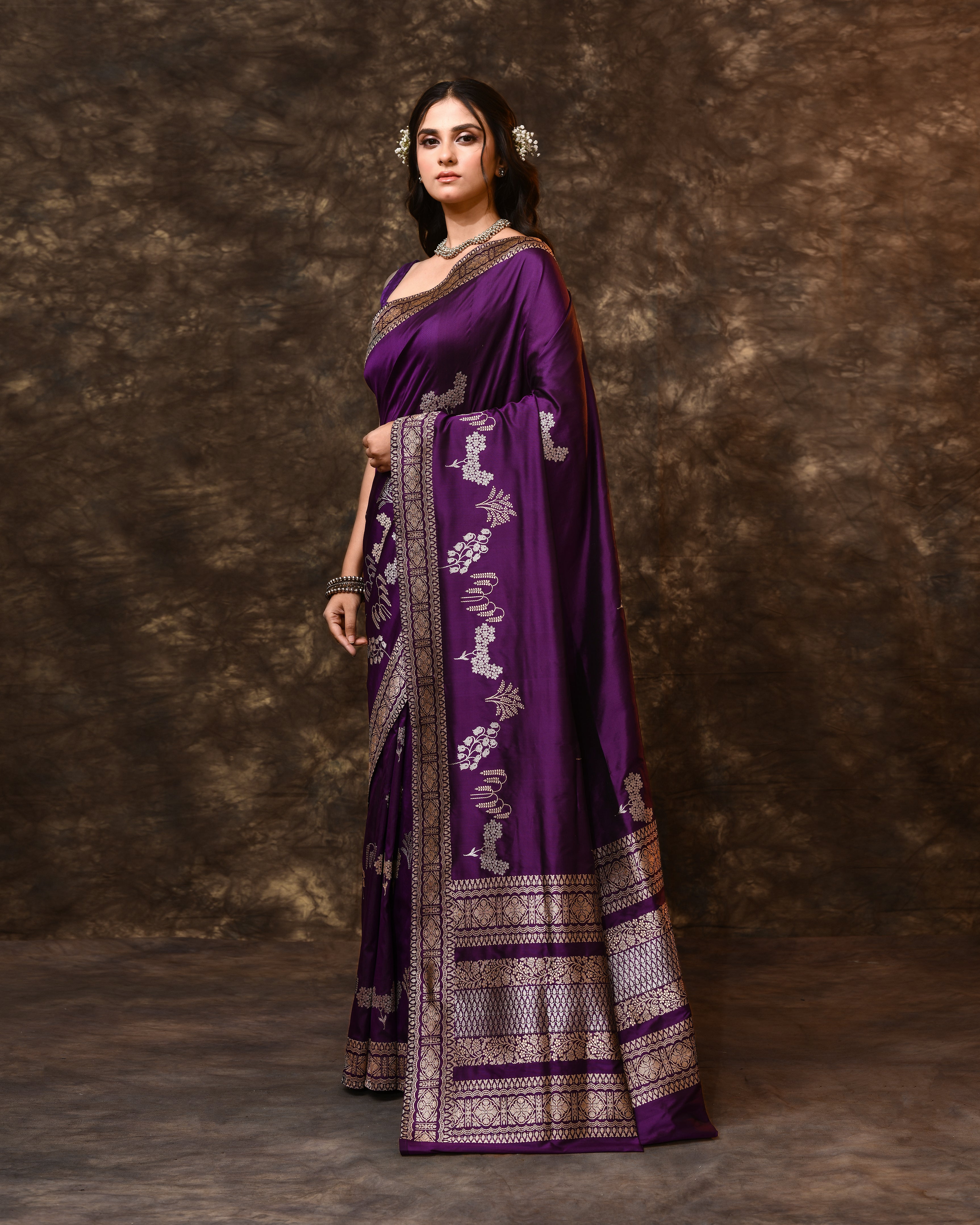 Purple Heirloom Gold Silver Zari Silk Saree