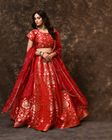 Red Banarasi Silk Lehenga with Organza Dupatta & Hand Zardosi Work | Jaal Blouse (Unstitched)
