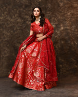 Red Banarasi Silk Lehenga with Organza Dupatta & Hand Zardosi Work | Jaal Blouse (Unstitched)