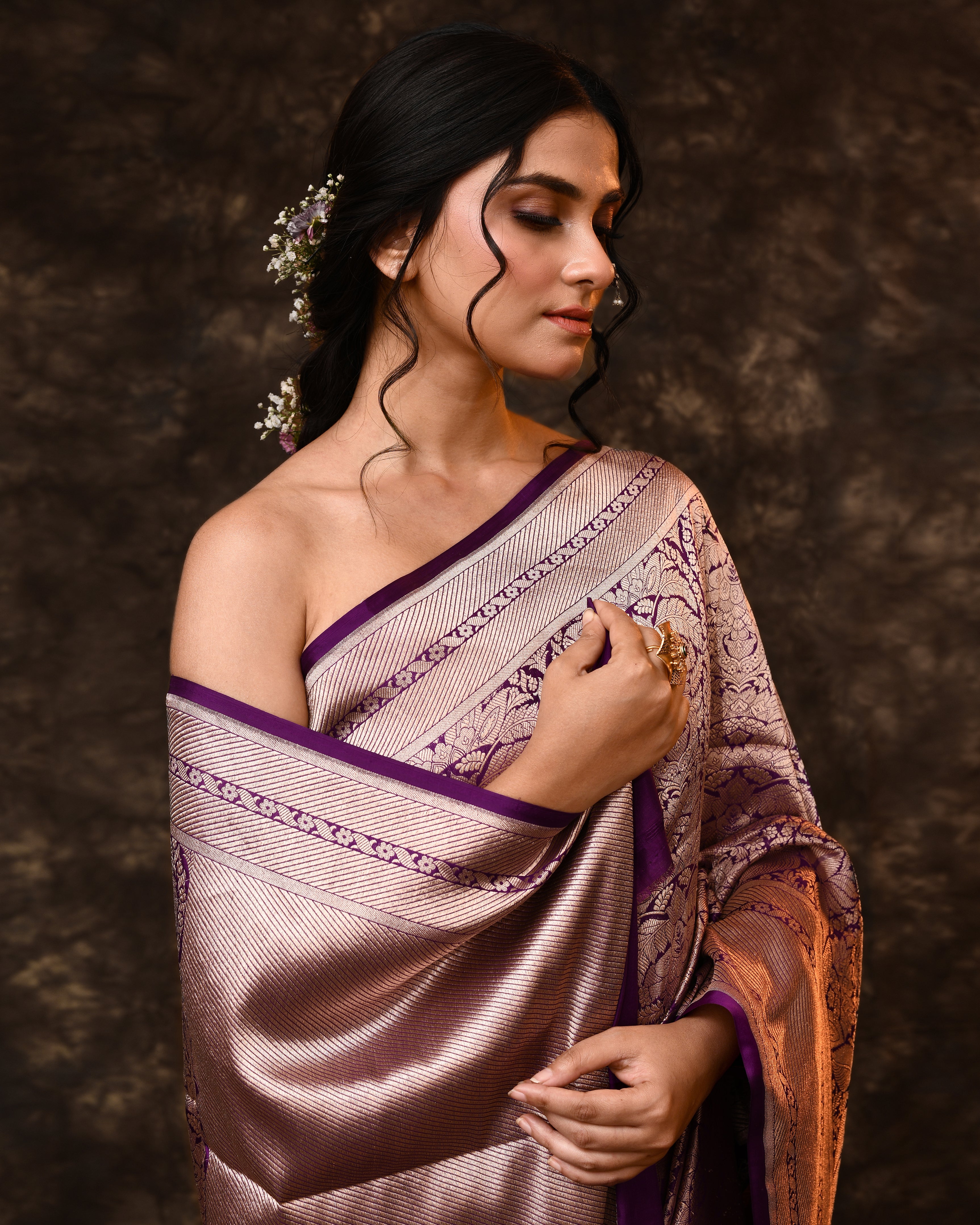Purple Brocade Silk Saree with Running Blouse Piece