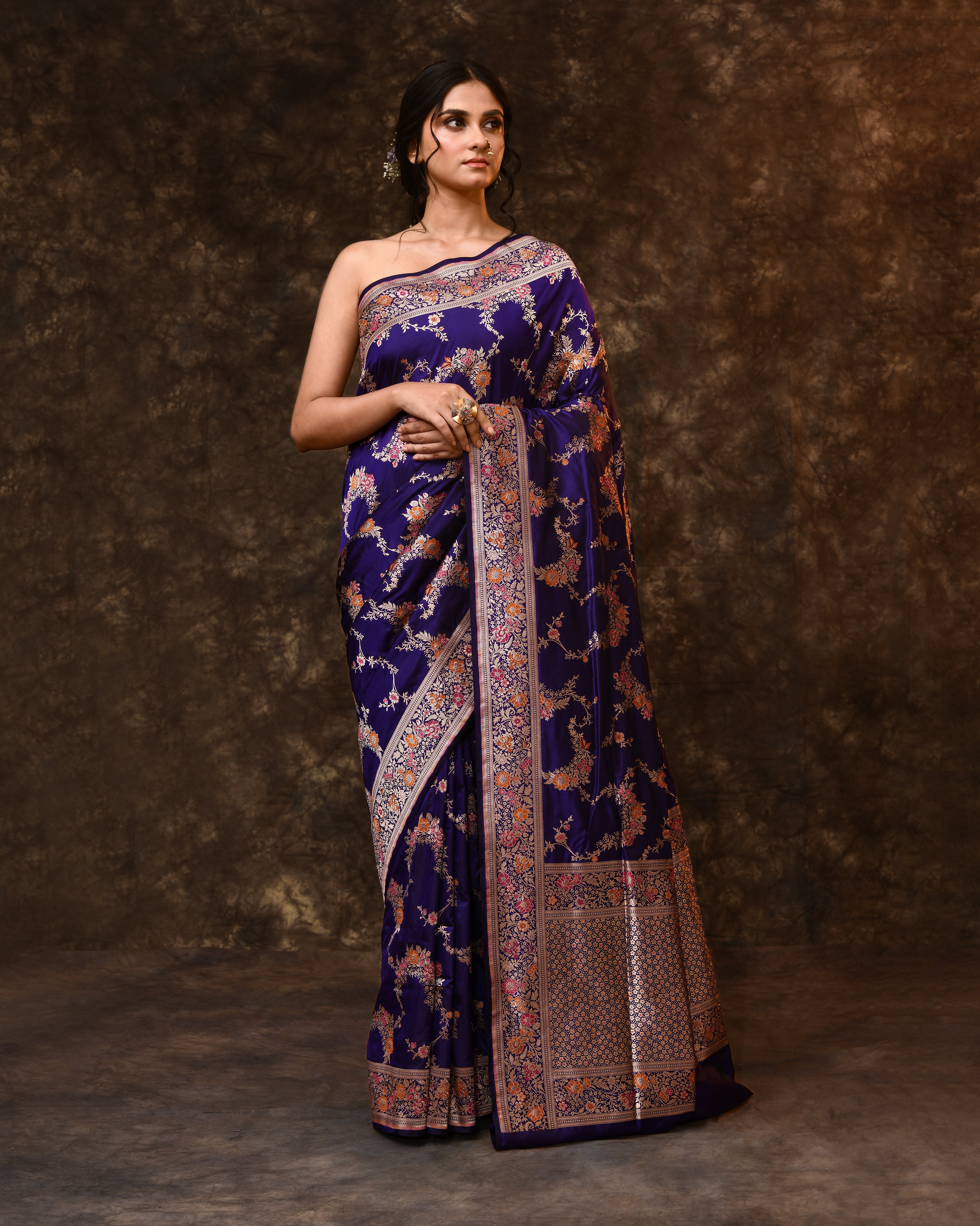 Blue Meenakari Jaal Banarsi Silk Saree with Running Blouse Piece