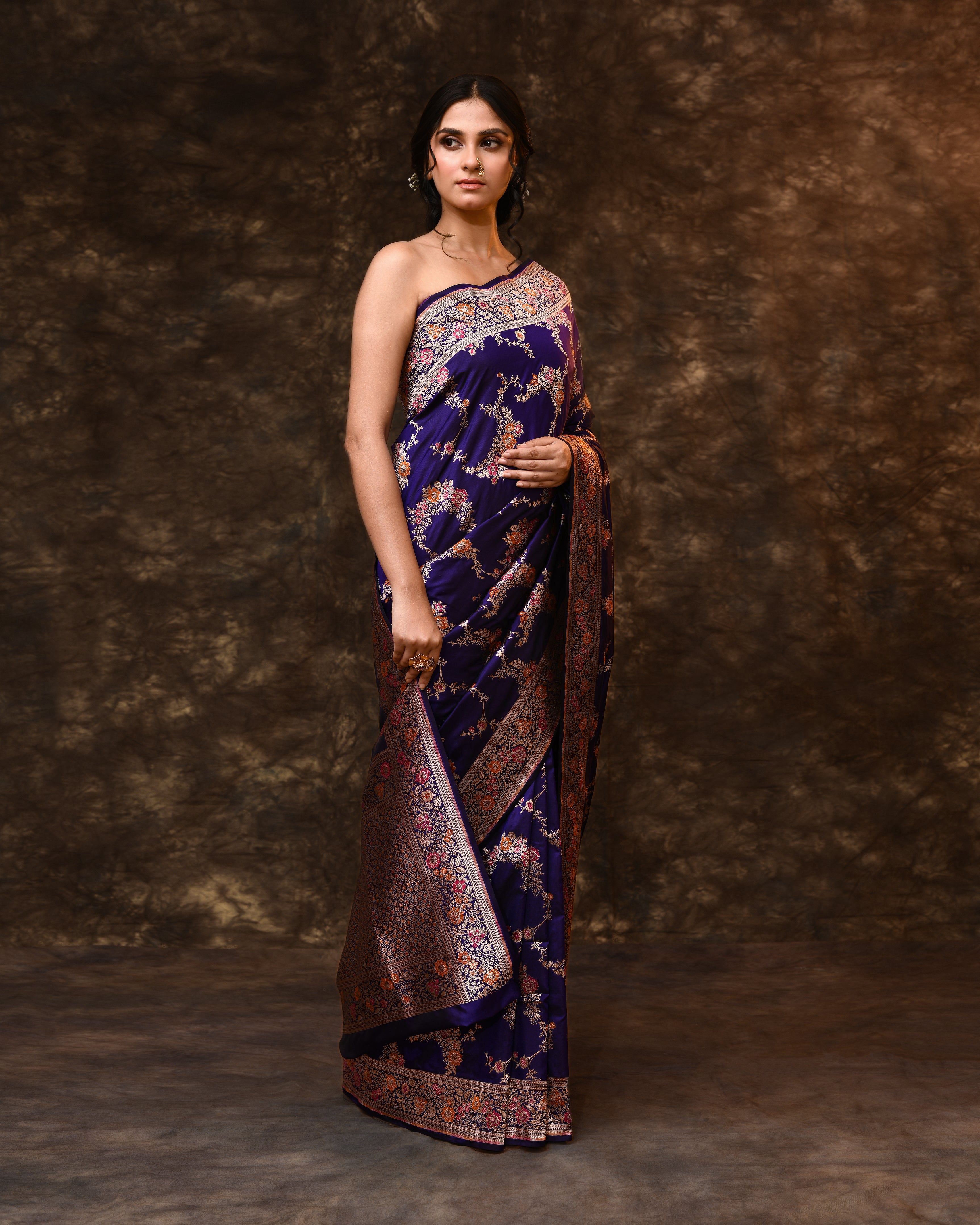 Blue Meenakari Jaal Banarsi Silk Saree with Running Blouse Piece
