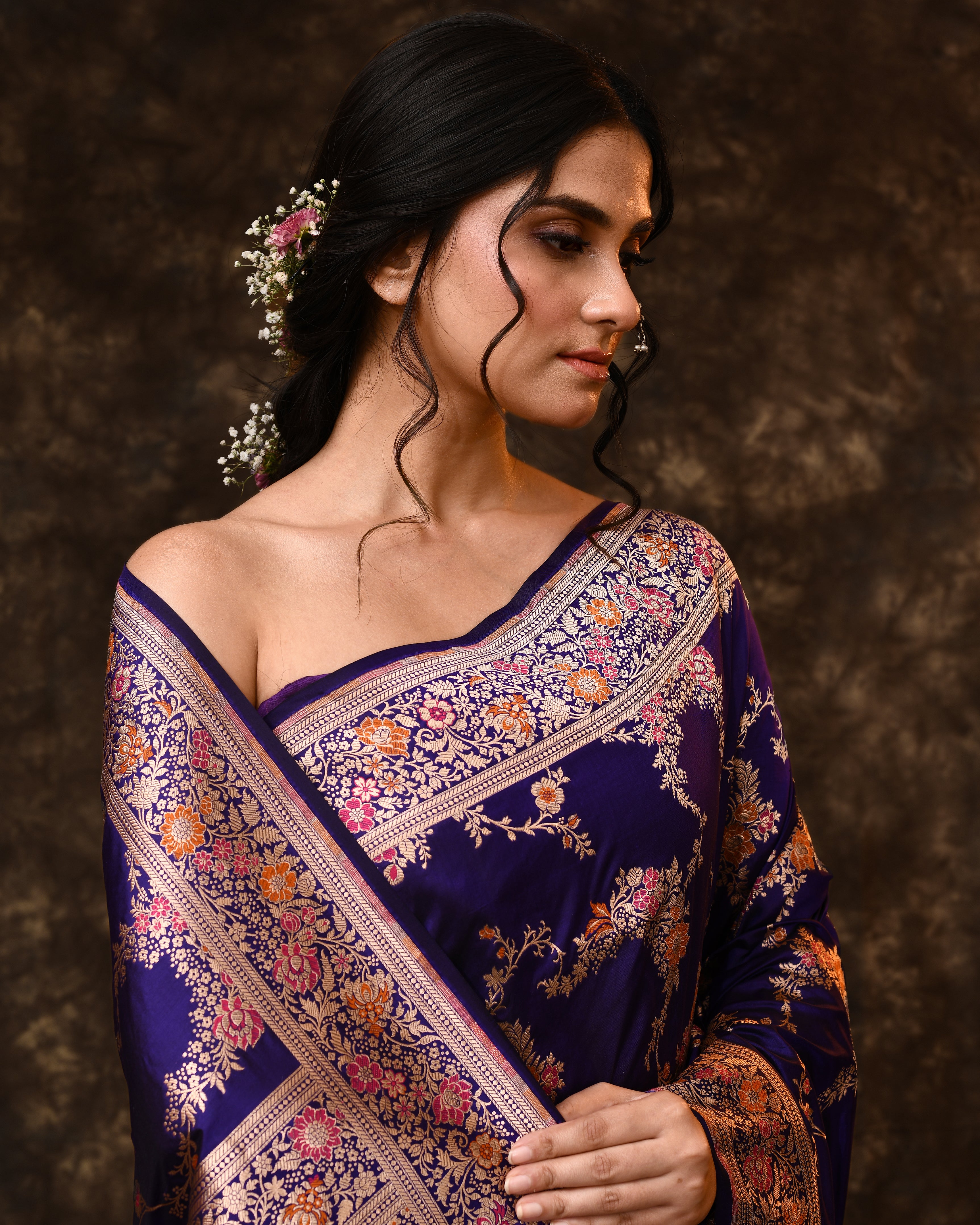 Blue Meenakari Jaal Banarsi Silk Saree with Running Blouse Piece