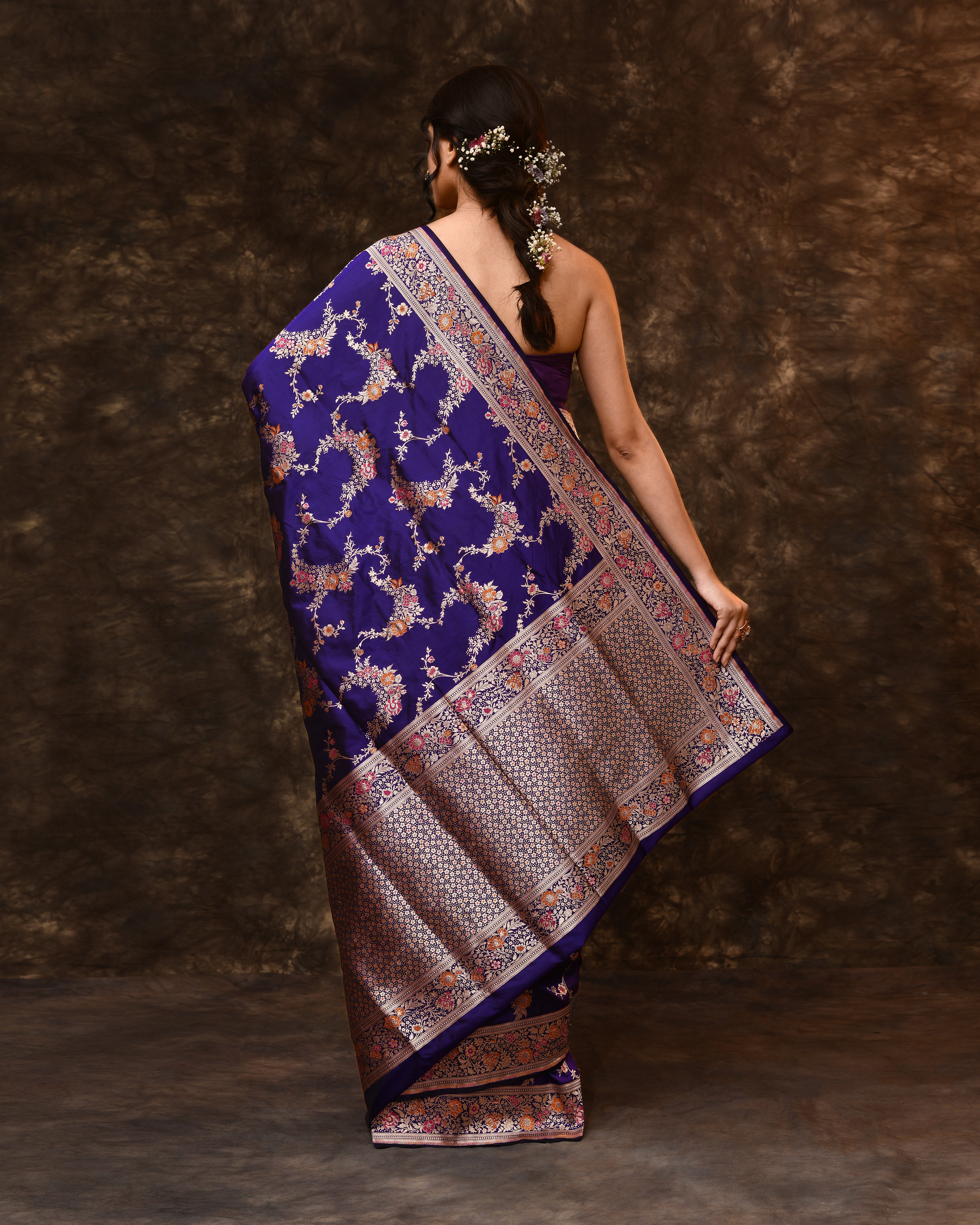 Blue Meenakari Jaal Banarsi Silk Saree with Running Blouse Piece