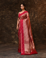 Pink Geometric Peacock Woven Kora Silk Saree with Running Blouse Piece