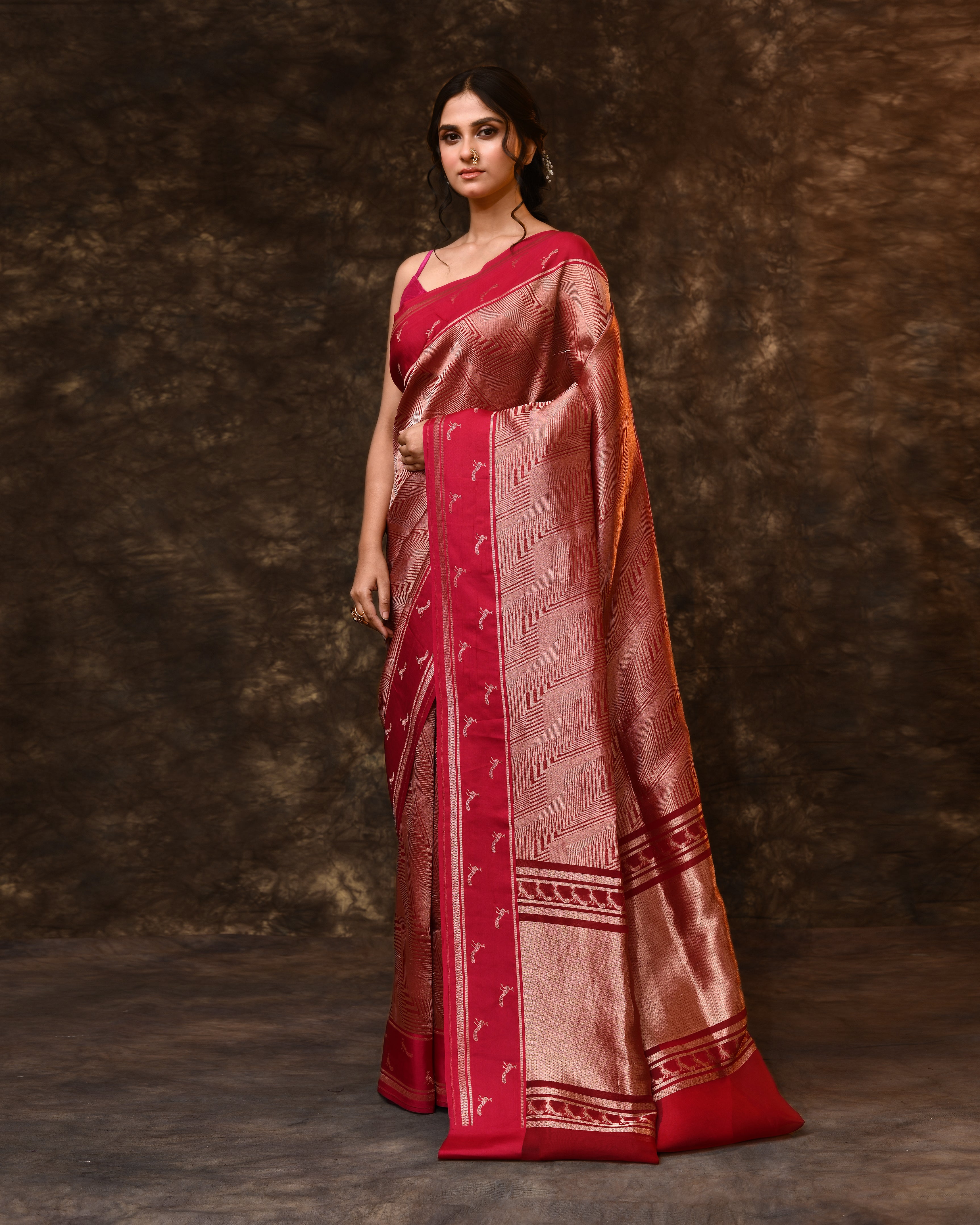 Pink Geometric Peacock Woven Kora Silk Saree with Running Blouse Piece