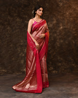 Pink Geometric Peacock Woven Kora Silk Saree with Running Blouse Piece