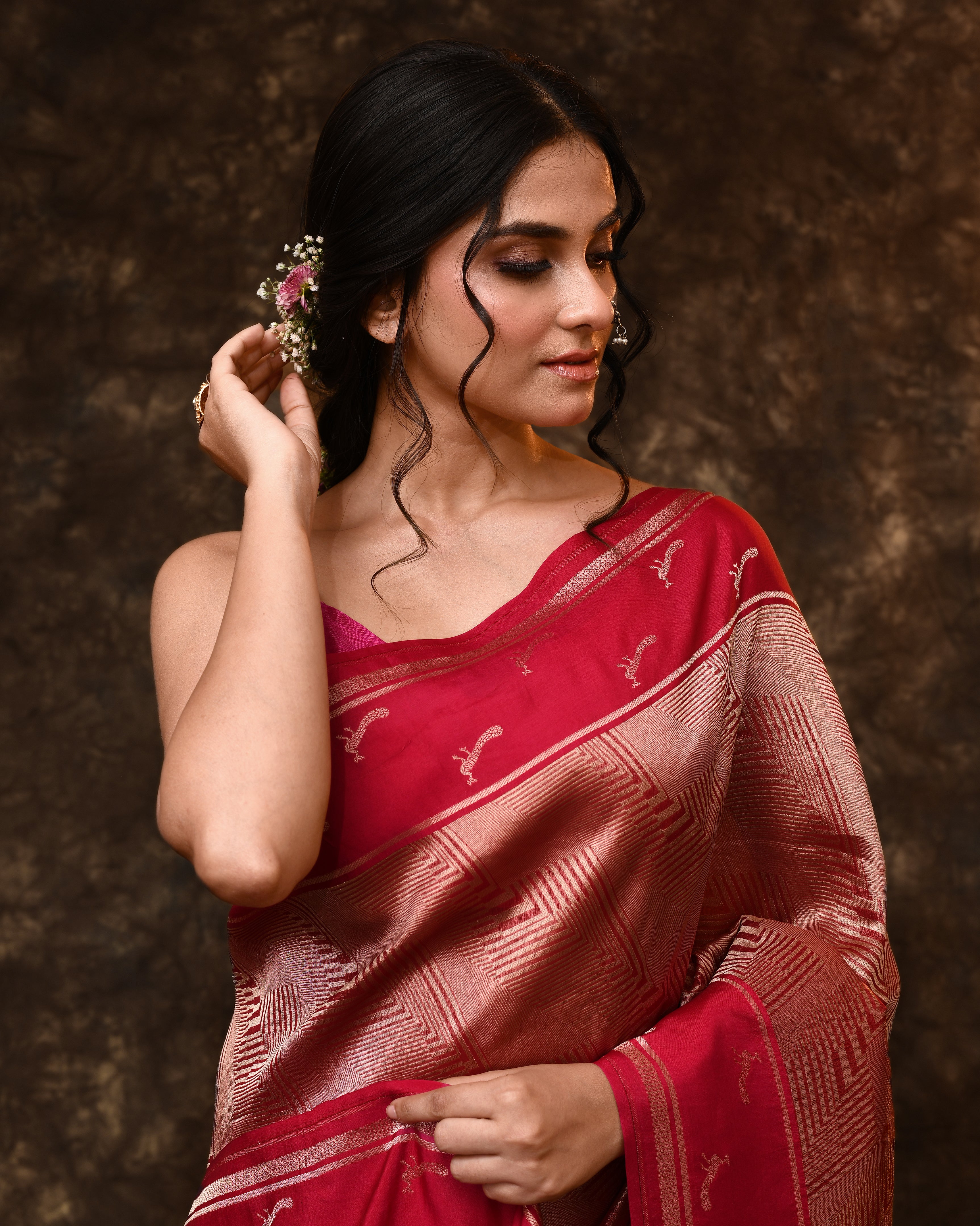 Pink Geometric Peacock Woven Kora Silk Saree with Running Blouse Piece