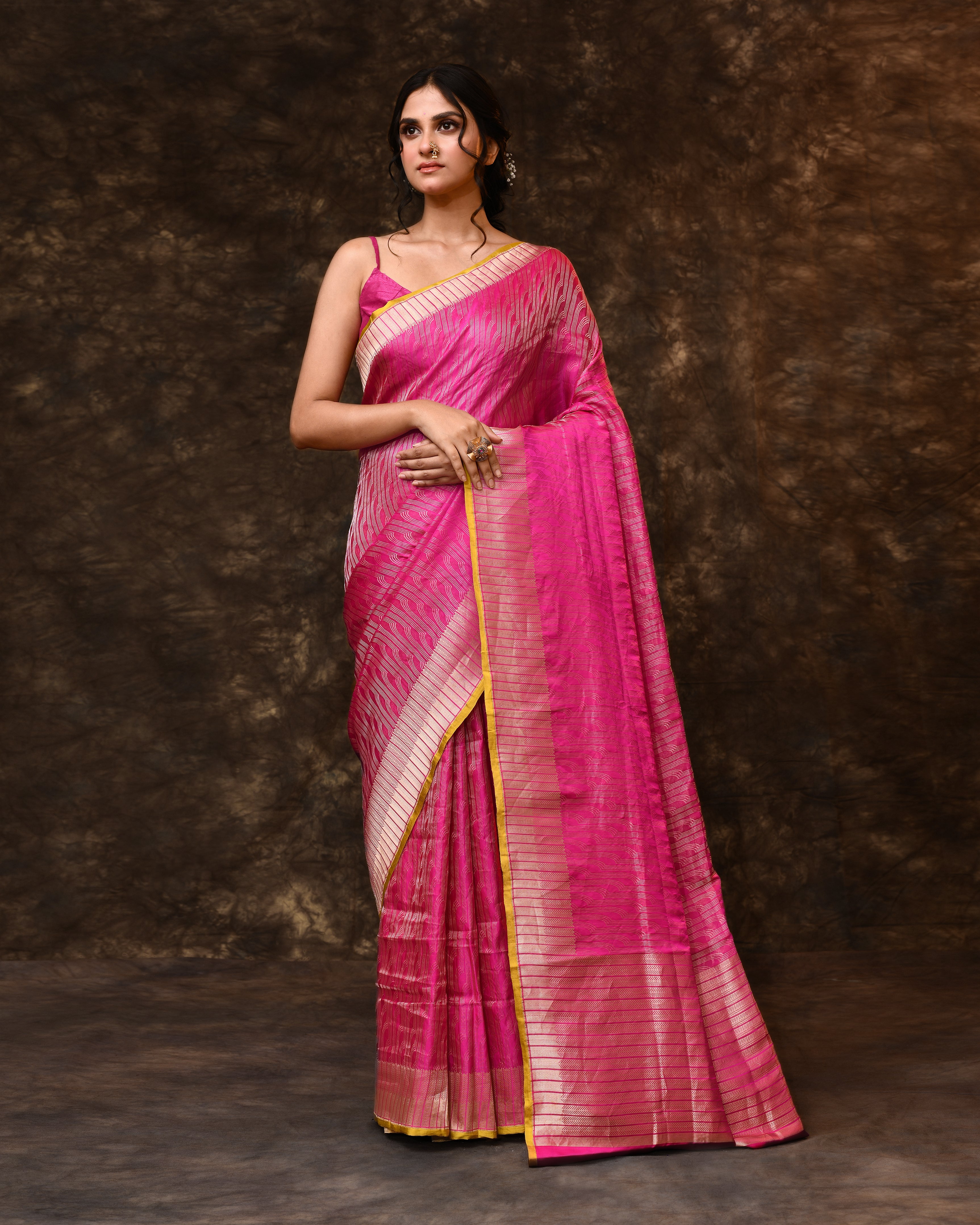 Pink Silver Contemporary Silk Saree with Running Blouse Piece