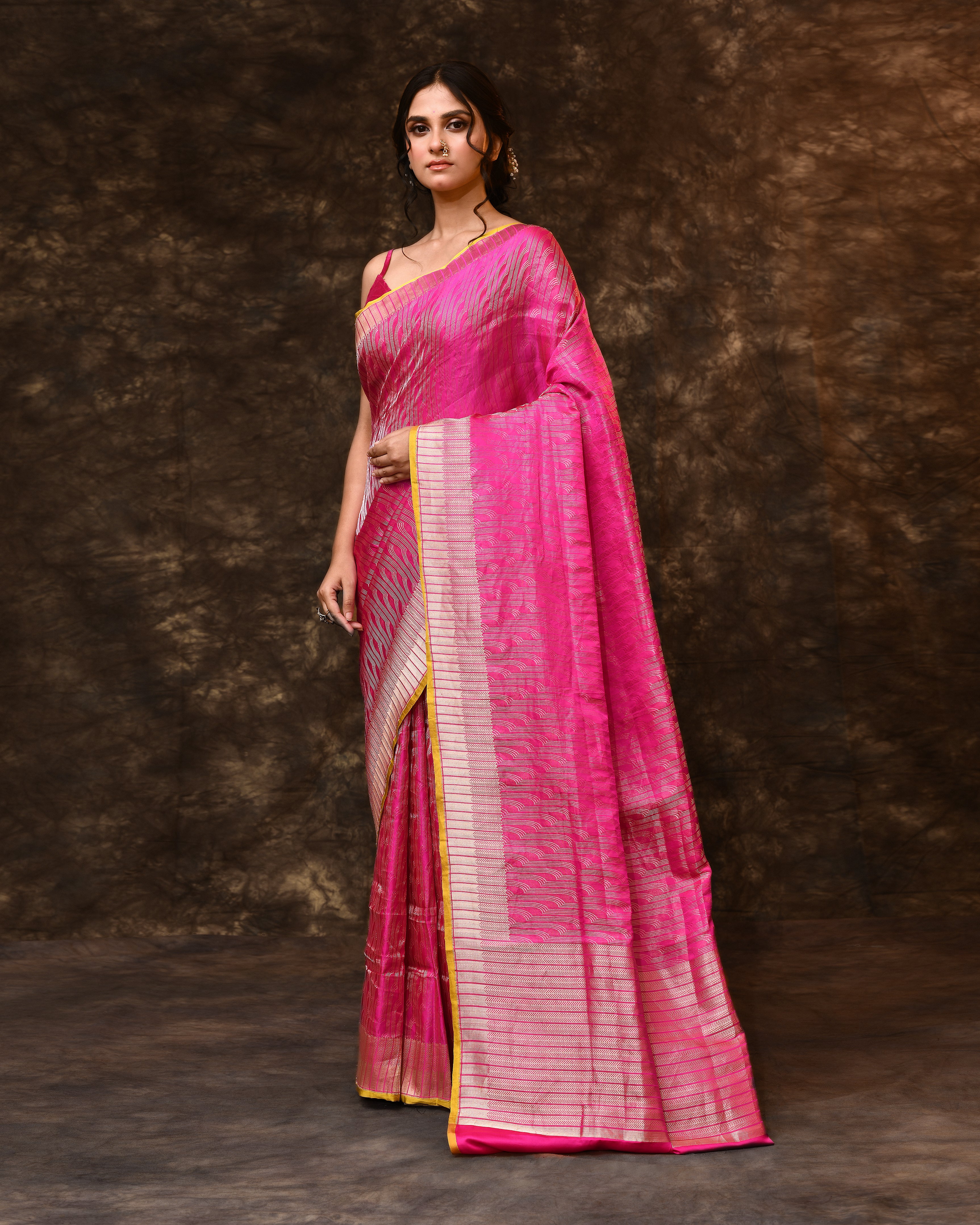 Pink Silver Contemporary Silk Saree with Running Blouse Piece