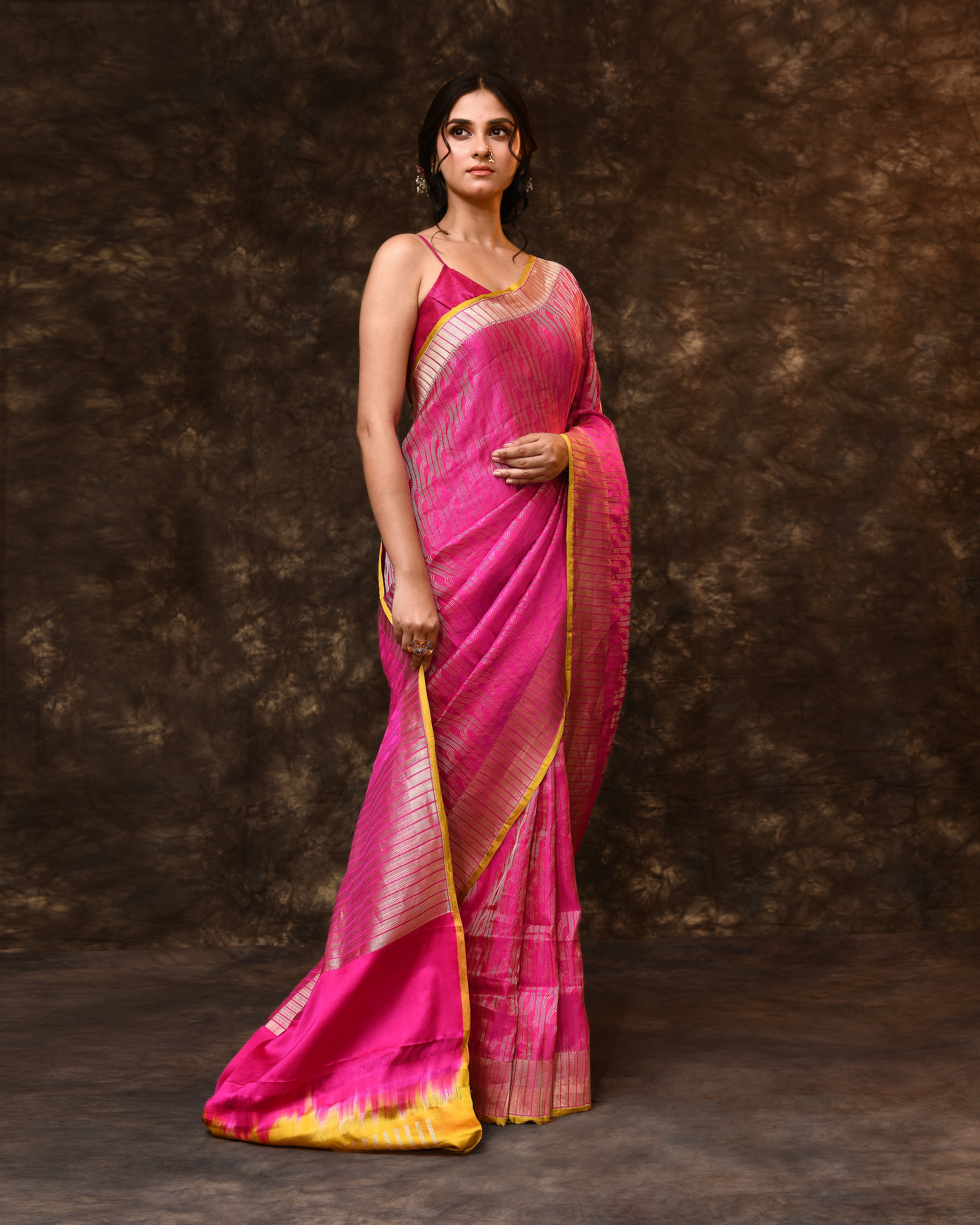 Pink Silver Contemporary Silk Saree with Running Blouse Piece