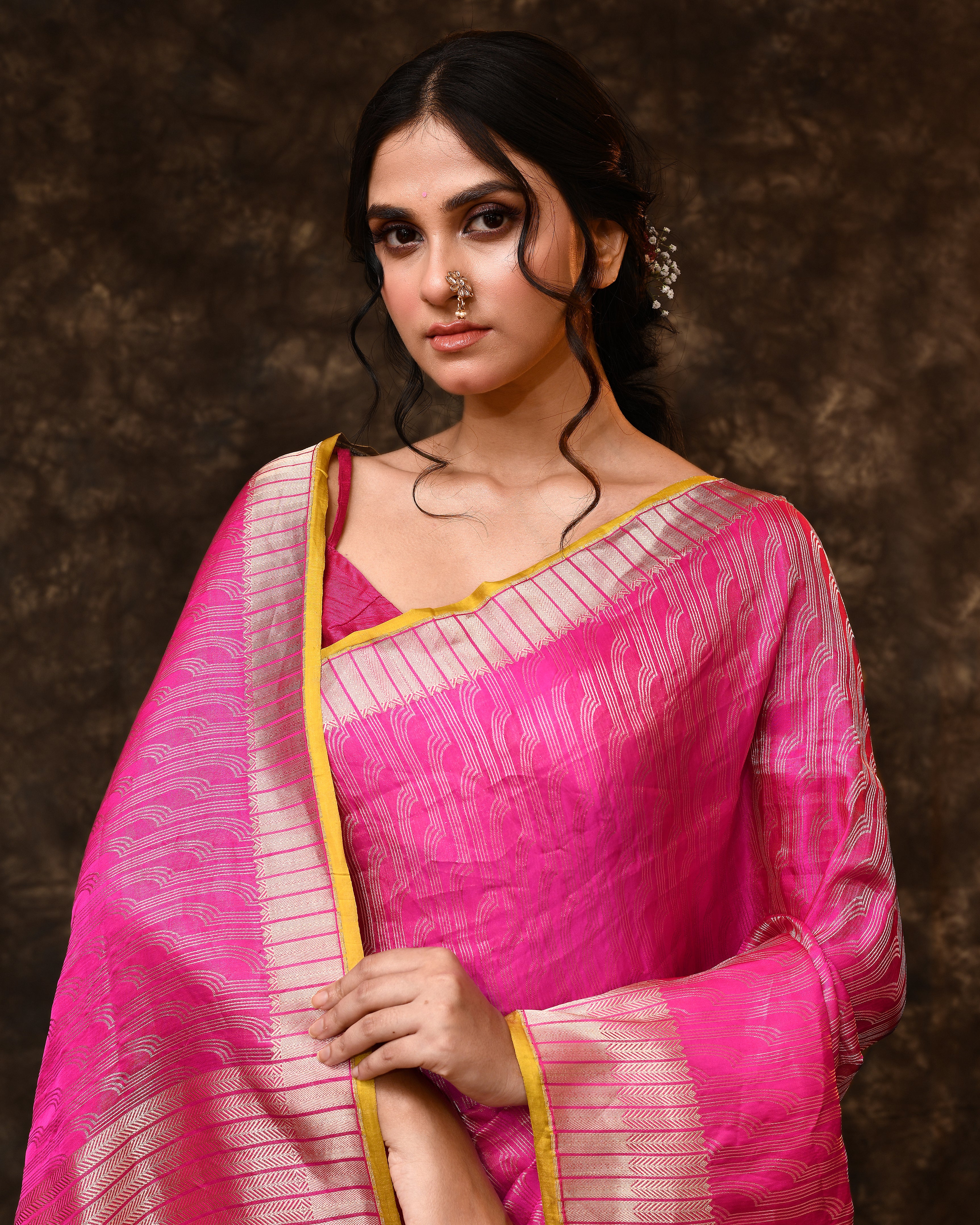 Pink Silver Contemporary Silk Saree with Running Blouse Piece