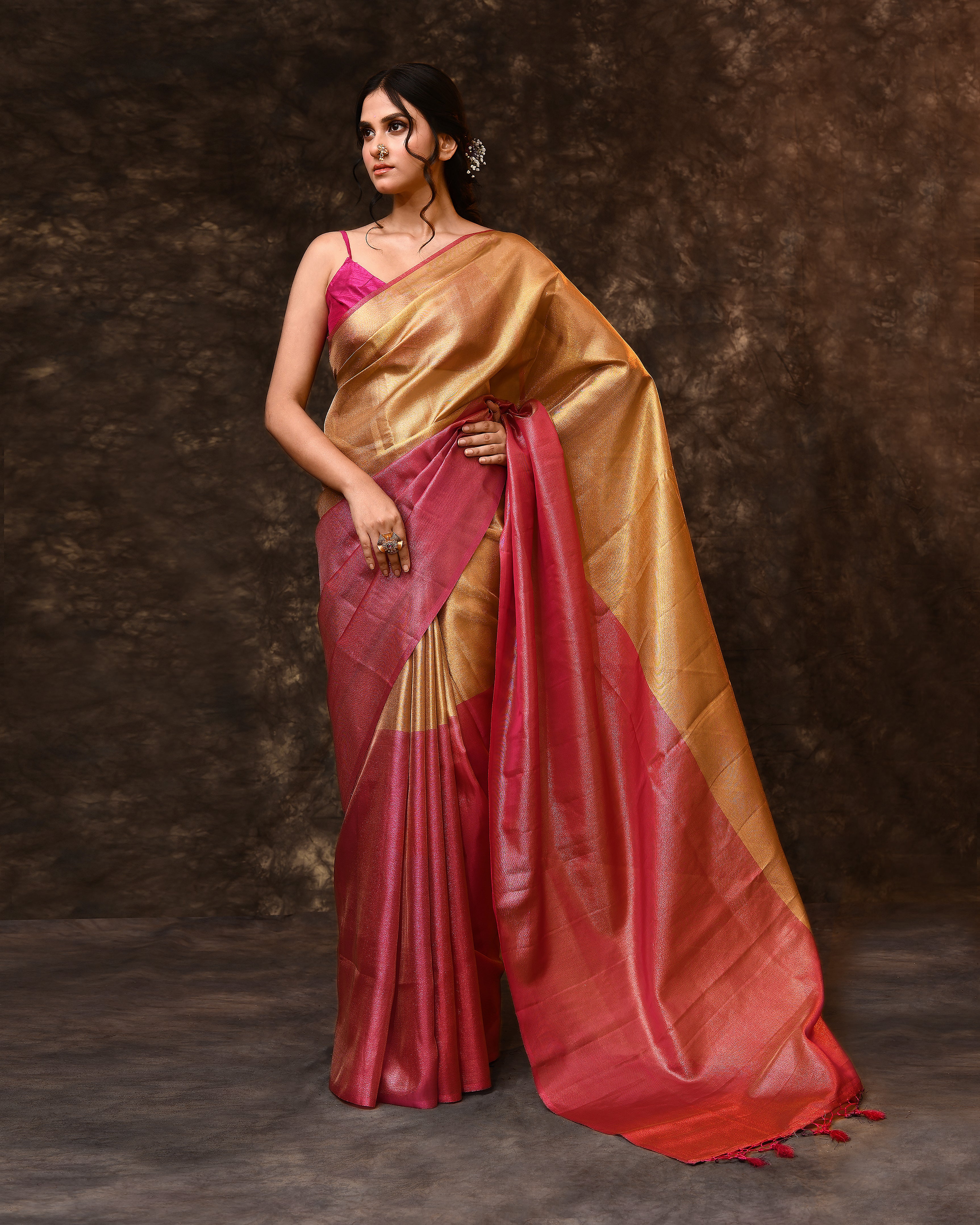 Pink Gold Block Tissue Saree