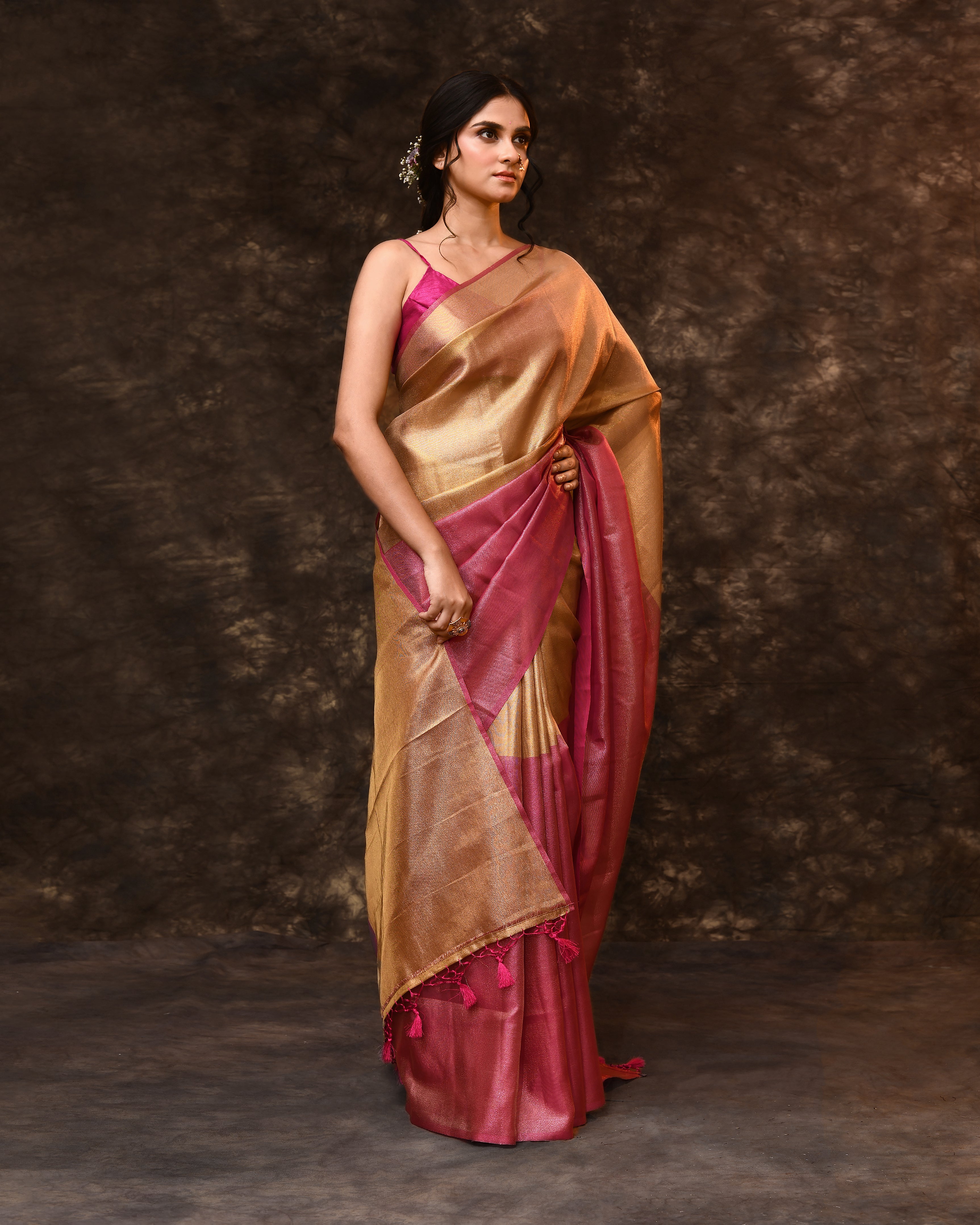 Pink Gold Block Tissue Saree
