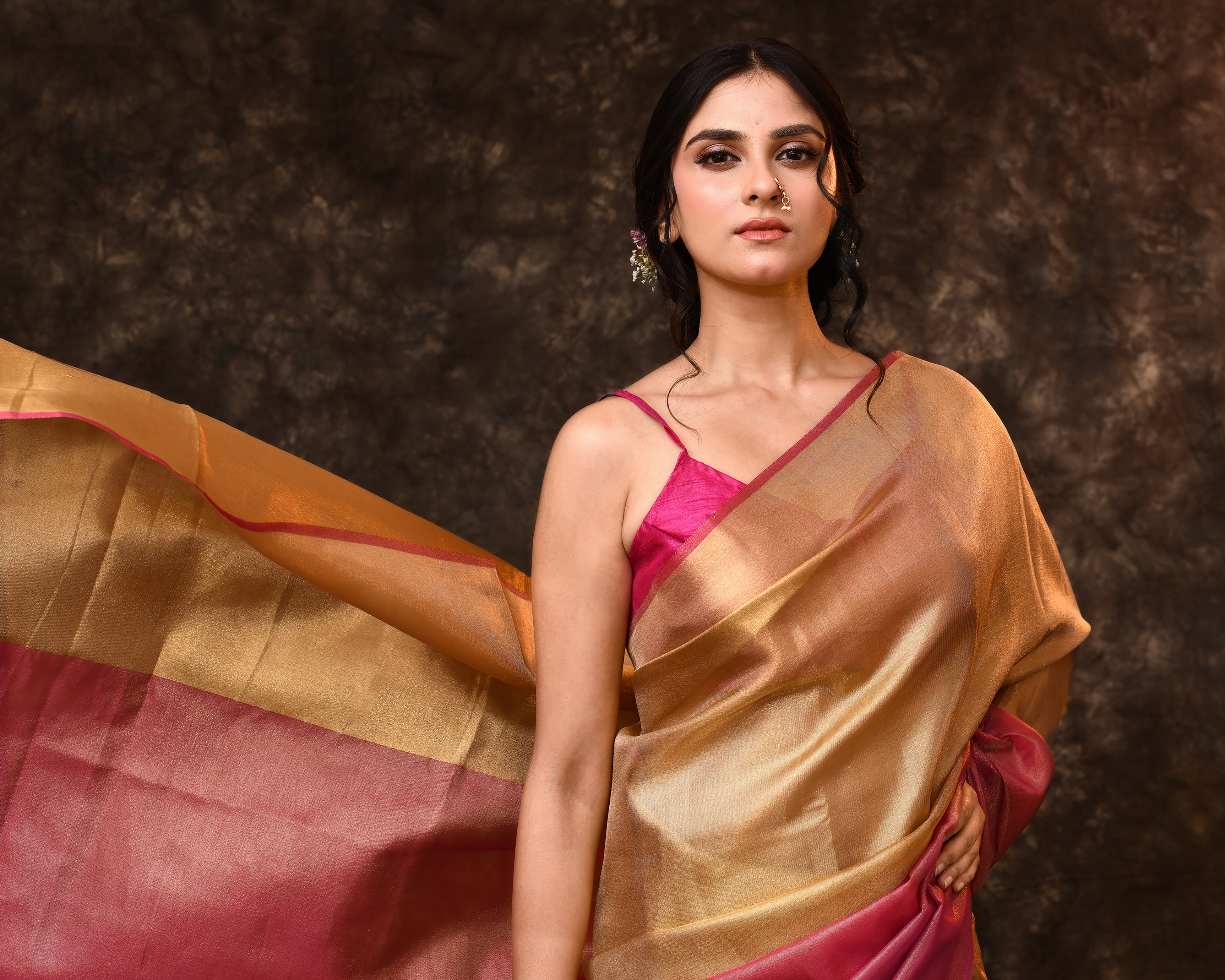 Pink Gold Block Tissue Saree