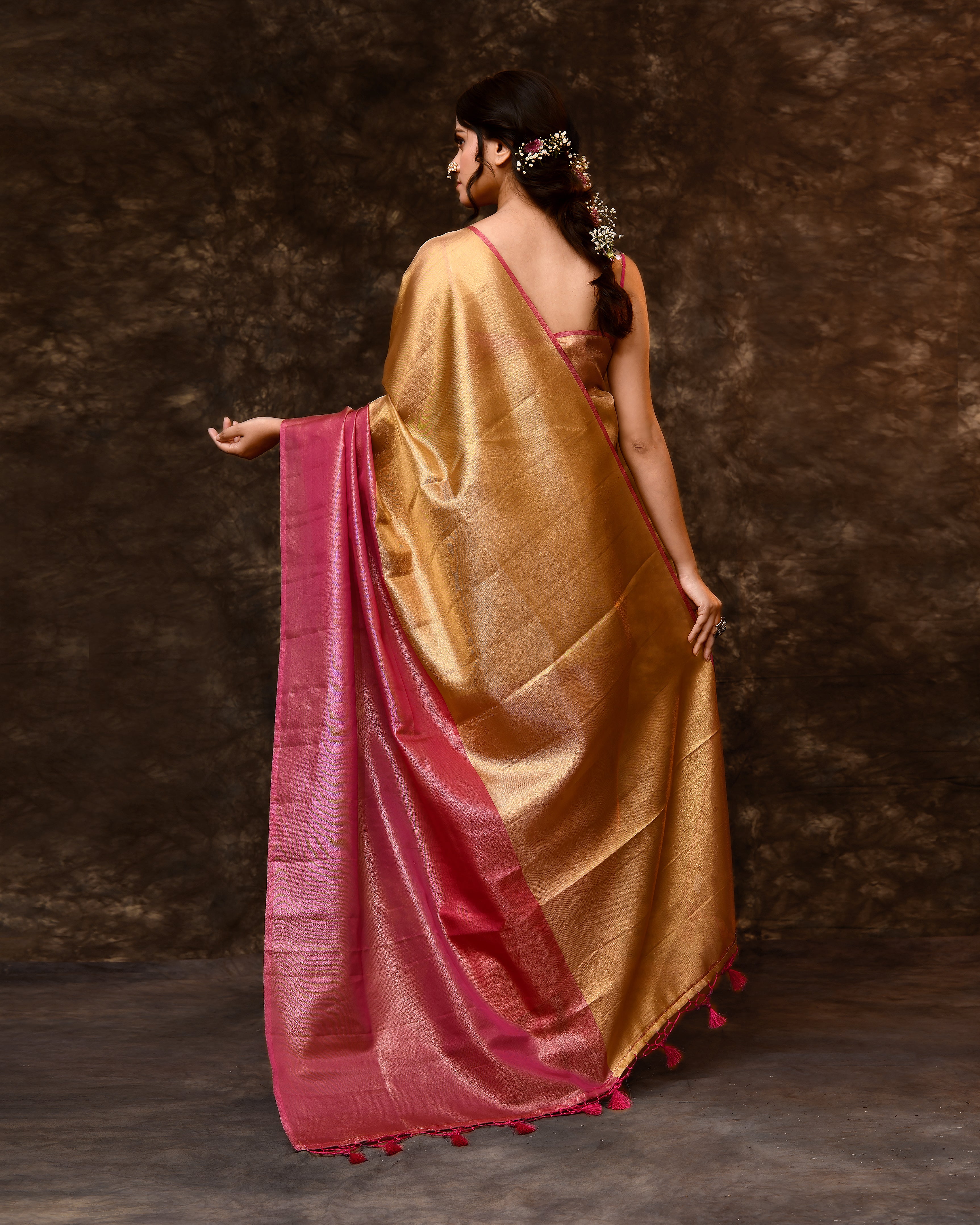 Pink Gold Block Tissue Saree