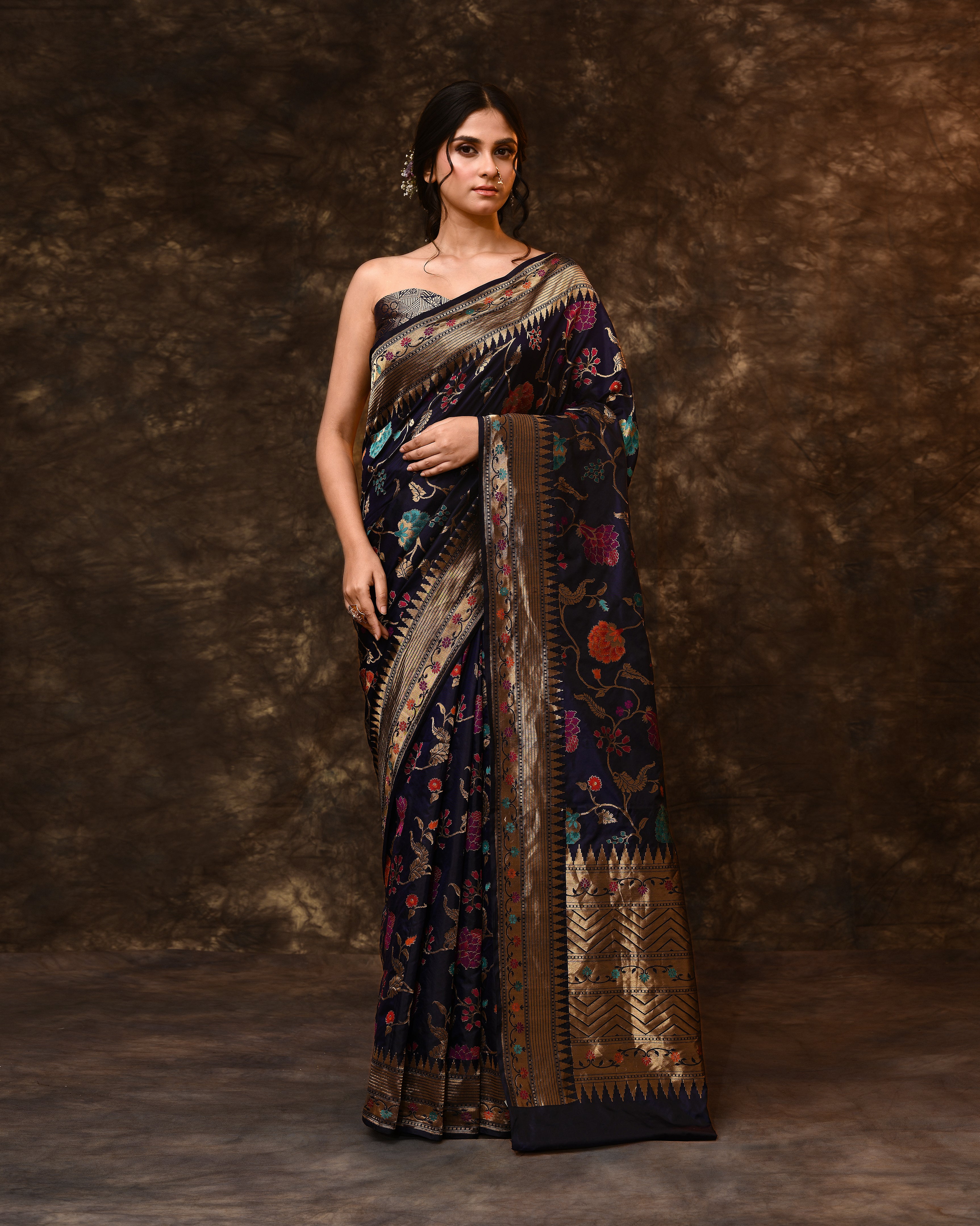 Blue Multi-Floral Weave Banarsi Silk Saree with Running Blouse Piece