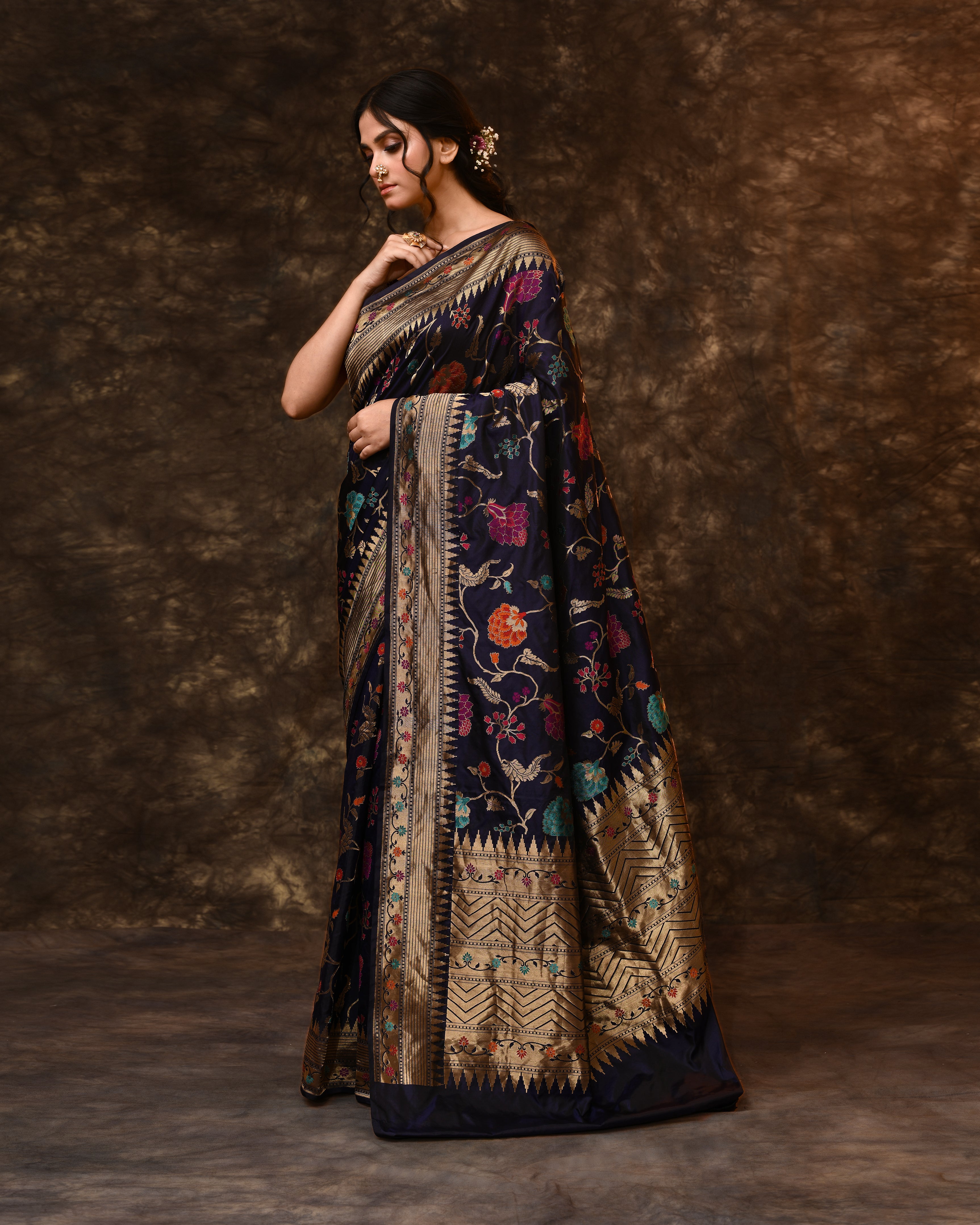 Blue Multi-Floral Weave Banarsi Silk Saree with Running Blouse Piece