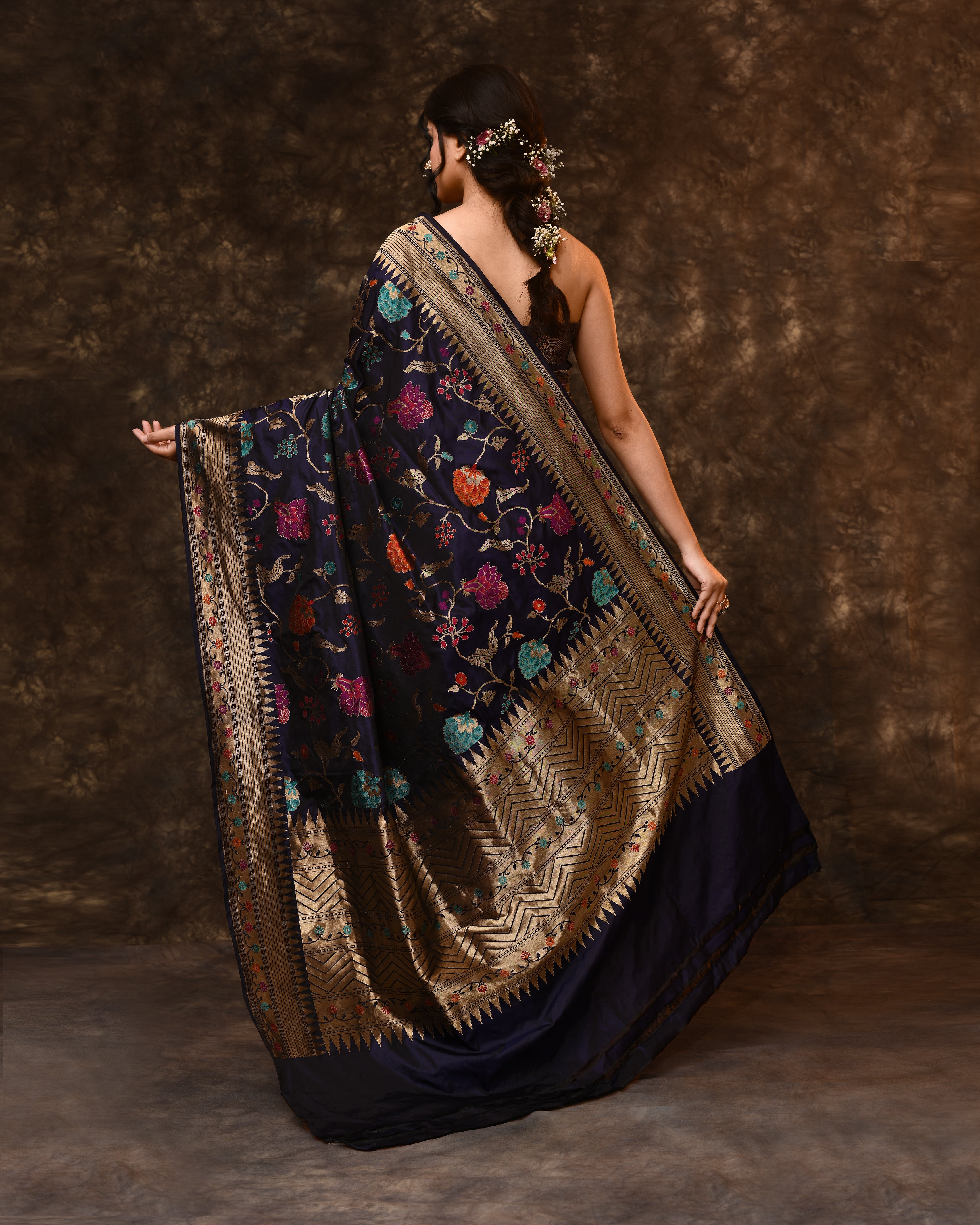 Blue Multi-Floral Weave Banarsi Silk Saree with Running Blouse Piece