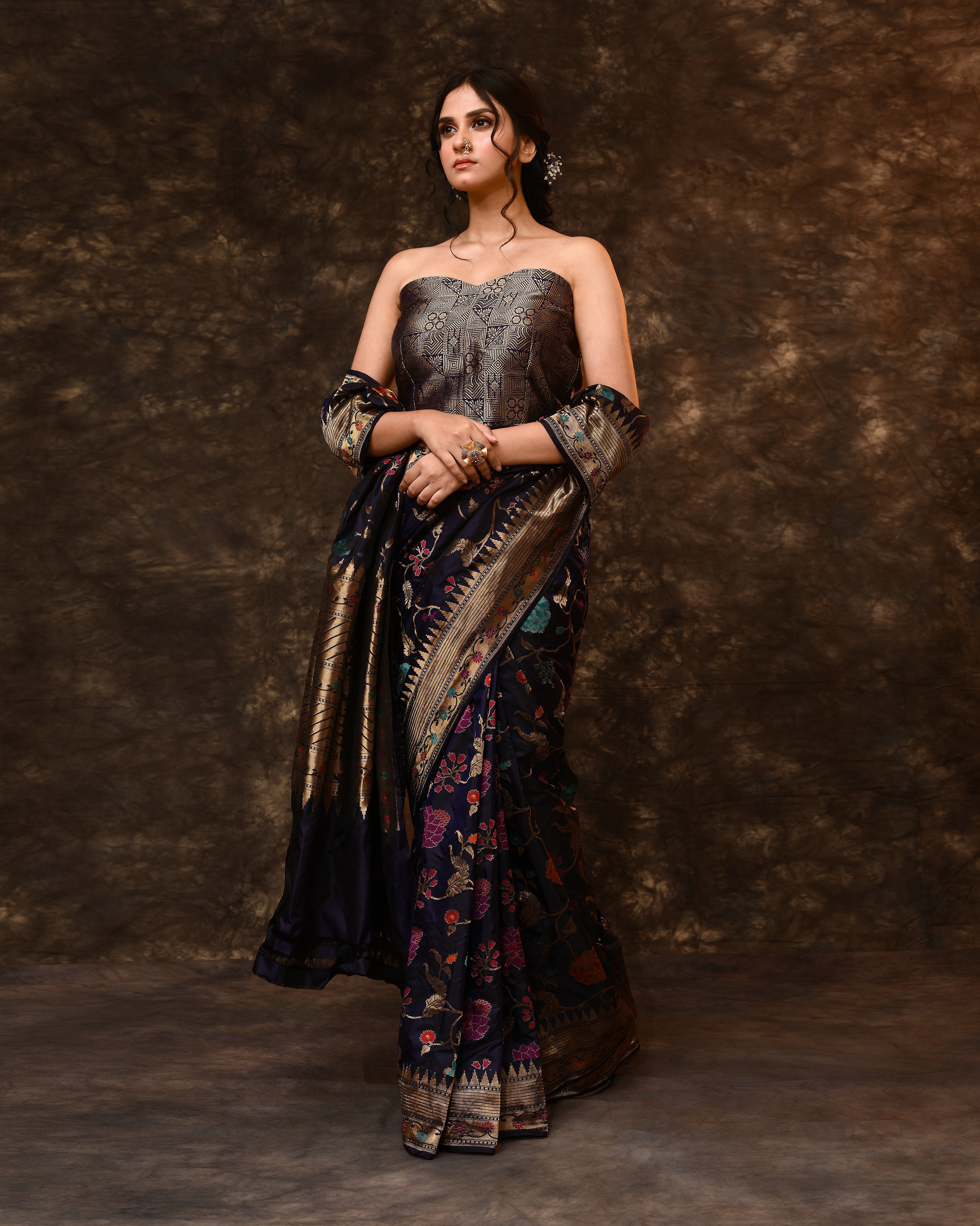 Blue Multi-Floral Weave Banarsi Silk Saree with Running Blouse Piece