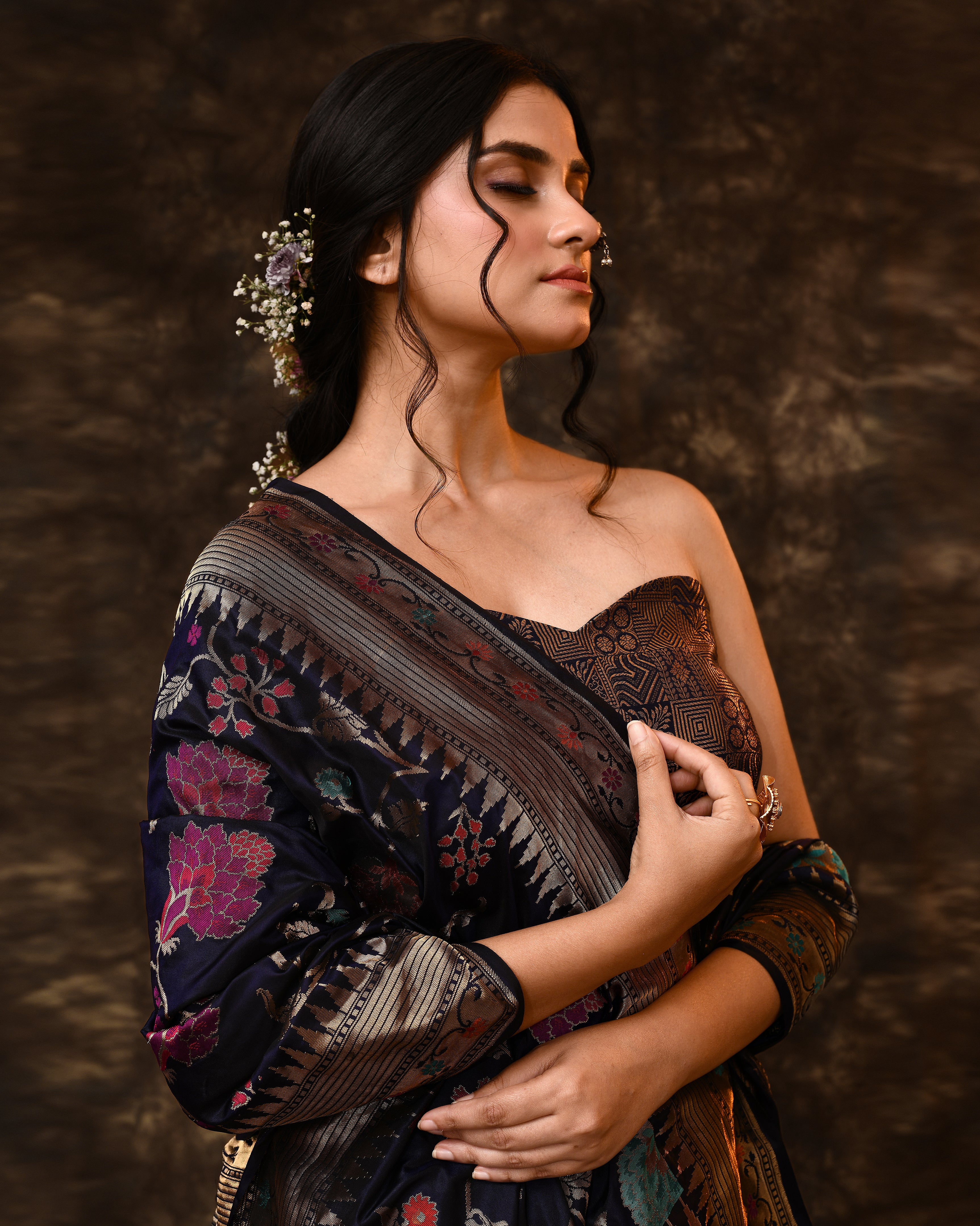 Blue Multi-Floral Weave Banarsi Silk Saree with Running Blouse Piece