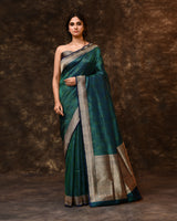 Blue Green Self Woven Zari Silk Saree with Running Blouse Piece
