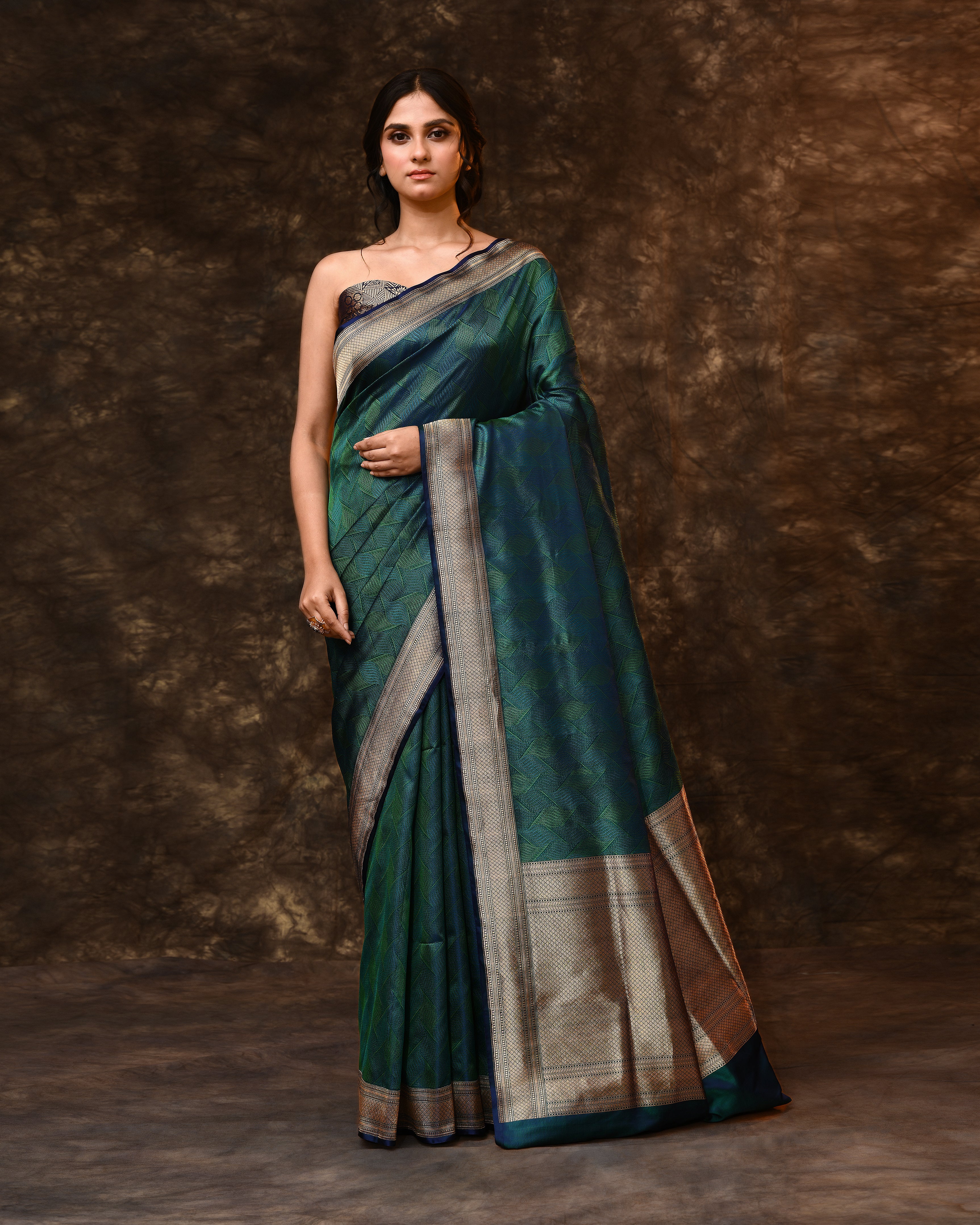 Blue Green Self Woven Zari Silk Saree with Running Blouse Piece