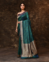 Blue Green Self Woven Zari Silk Saree with Running Blouse Piece