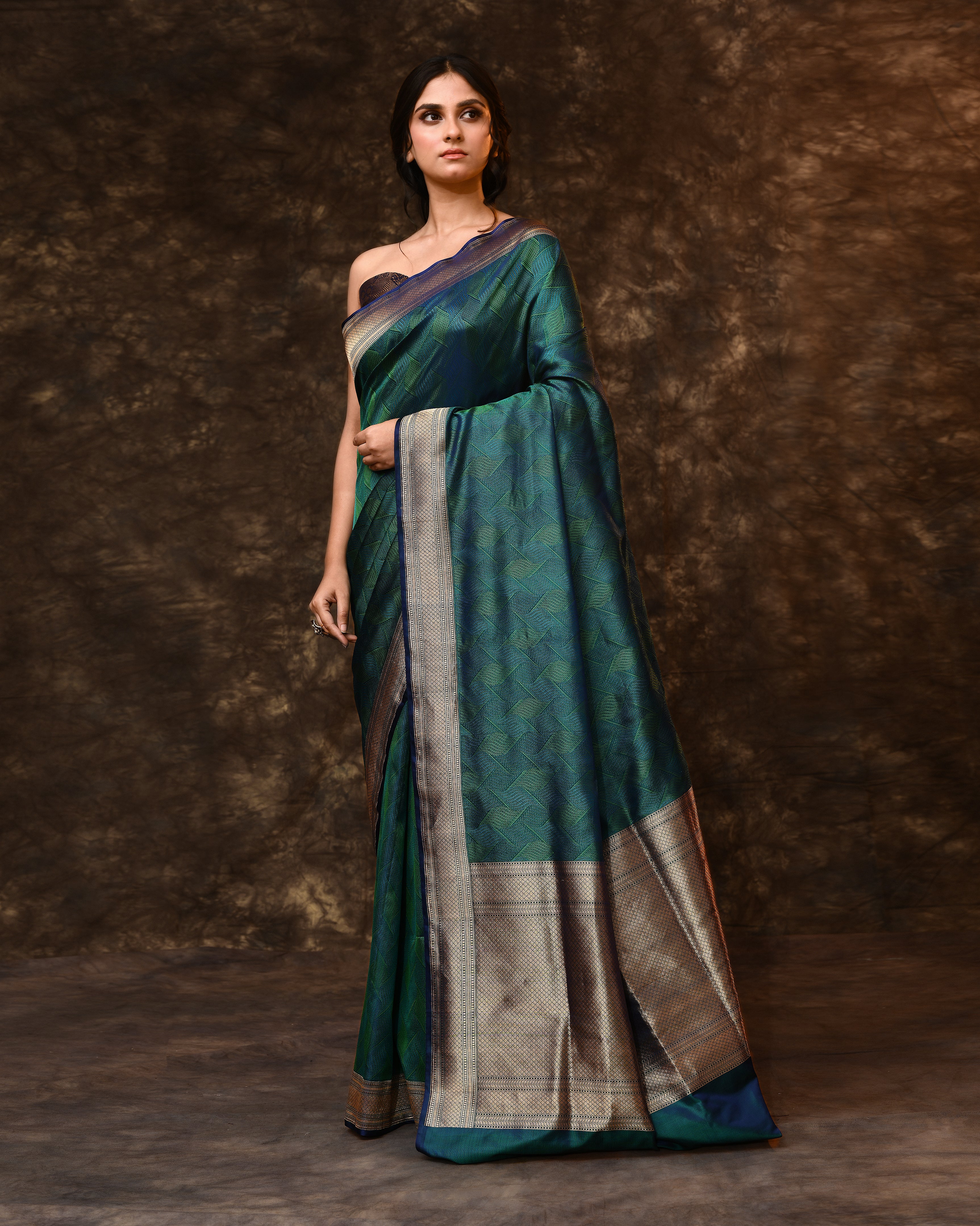 Blue Green Self Woven Zari Silk Saree with Running Blouse Piece