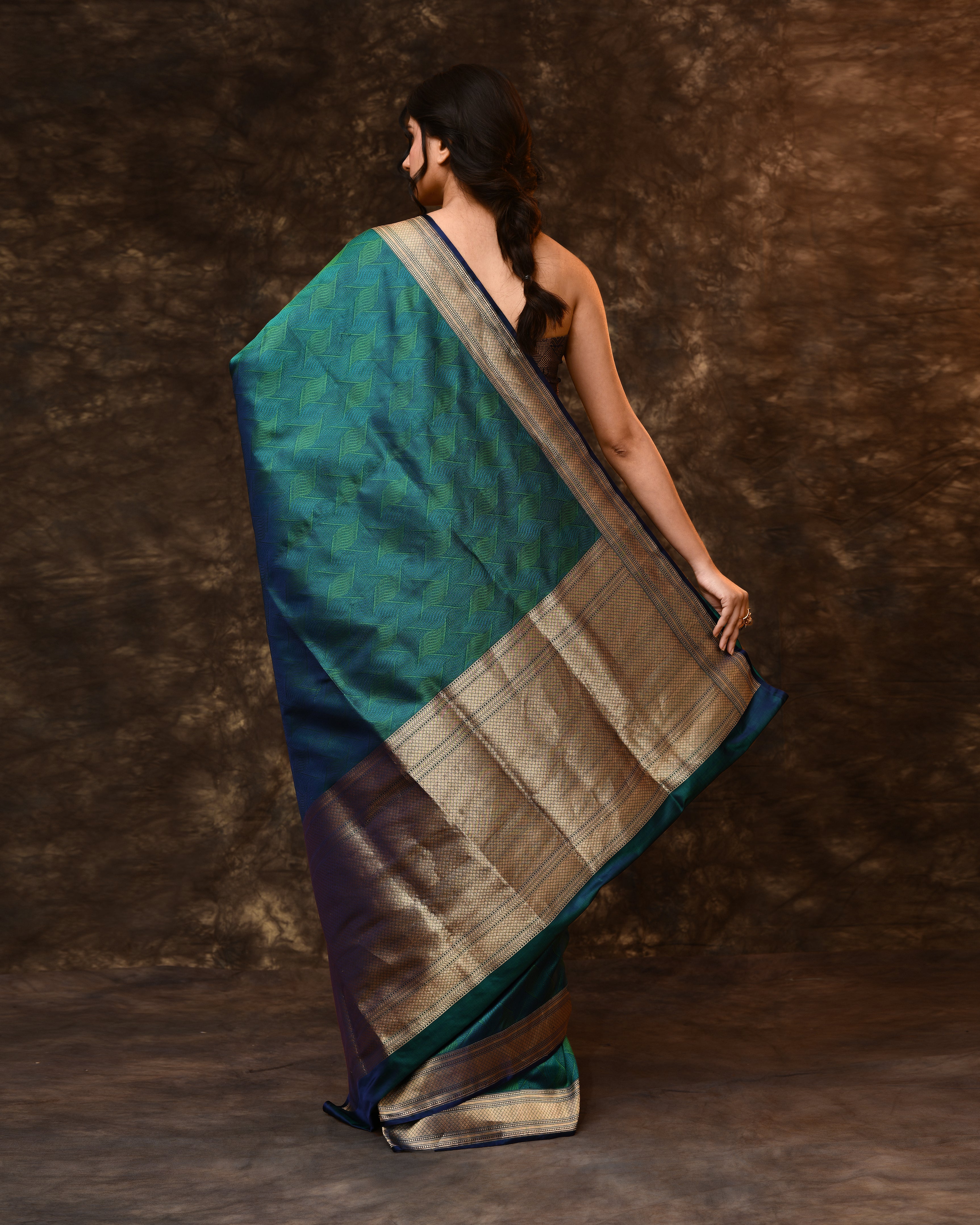 Blue Green Self Woven Zari Silk Saree with Running Blouse Piece