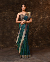 Blue Green Self Woven Zari Silk Saree with Running Blouse Piece