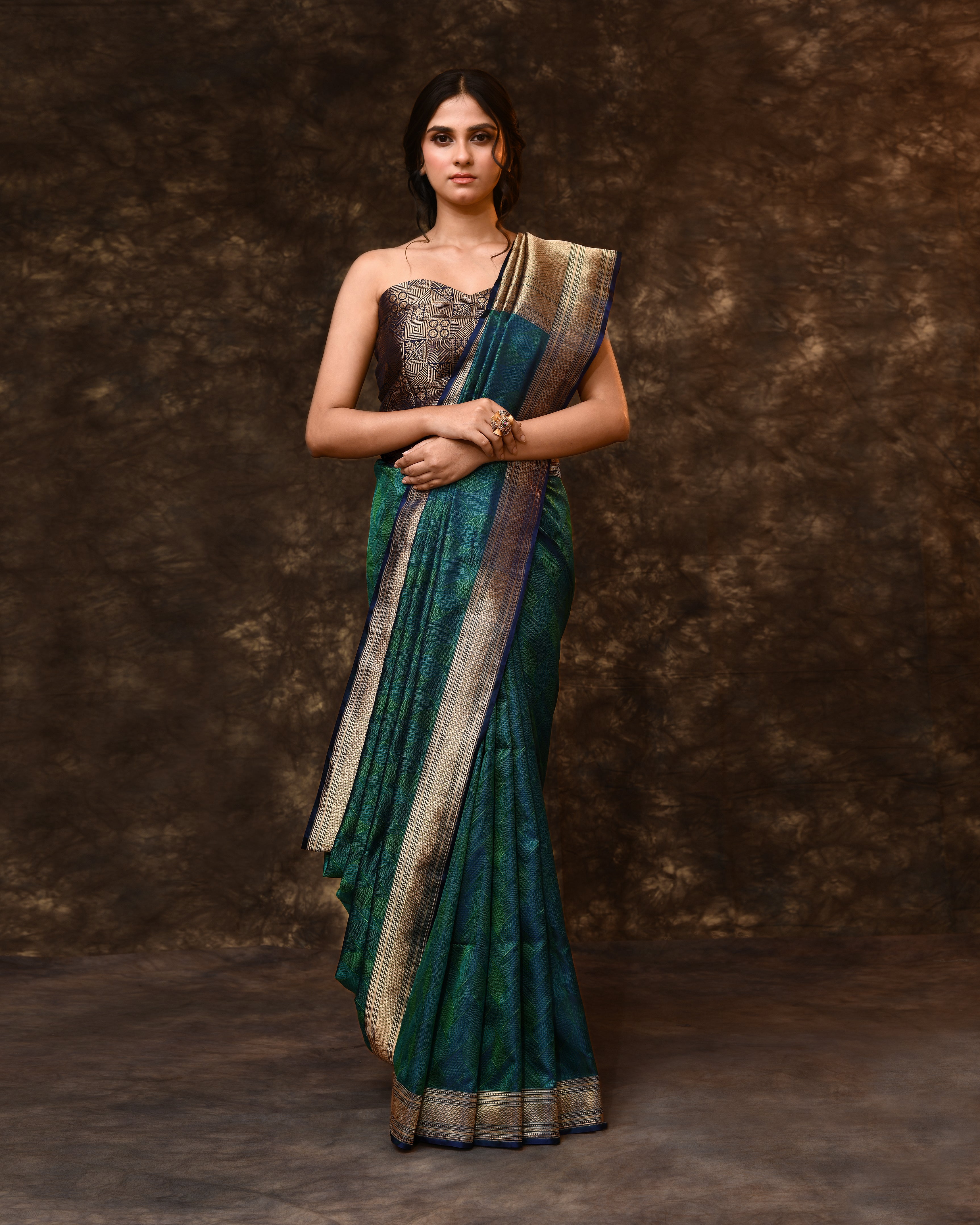 Blue Green Self Woven Zari Silk Saree with Running Blouse Piece