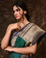 Blue Green Self Woven Zari Silk Saree with Running Blouse Piece