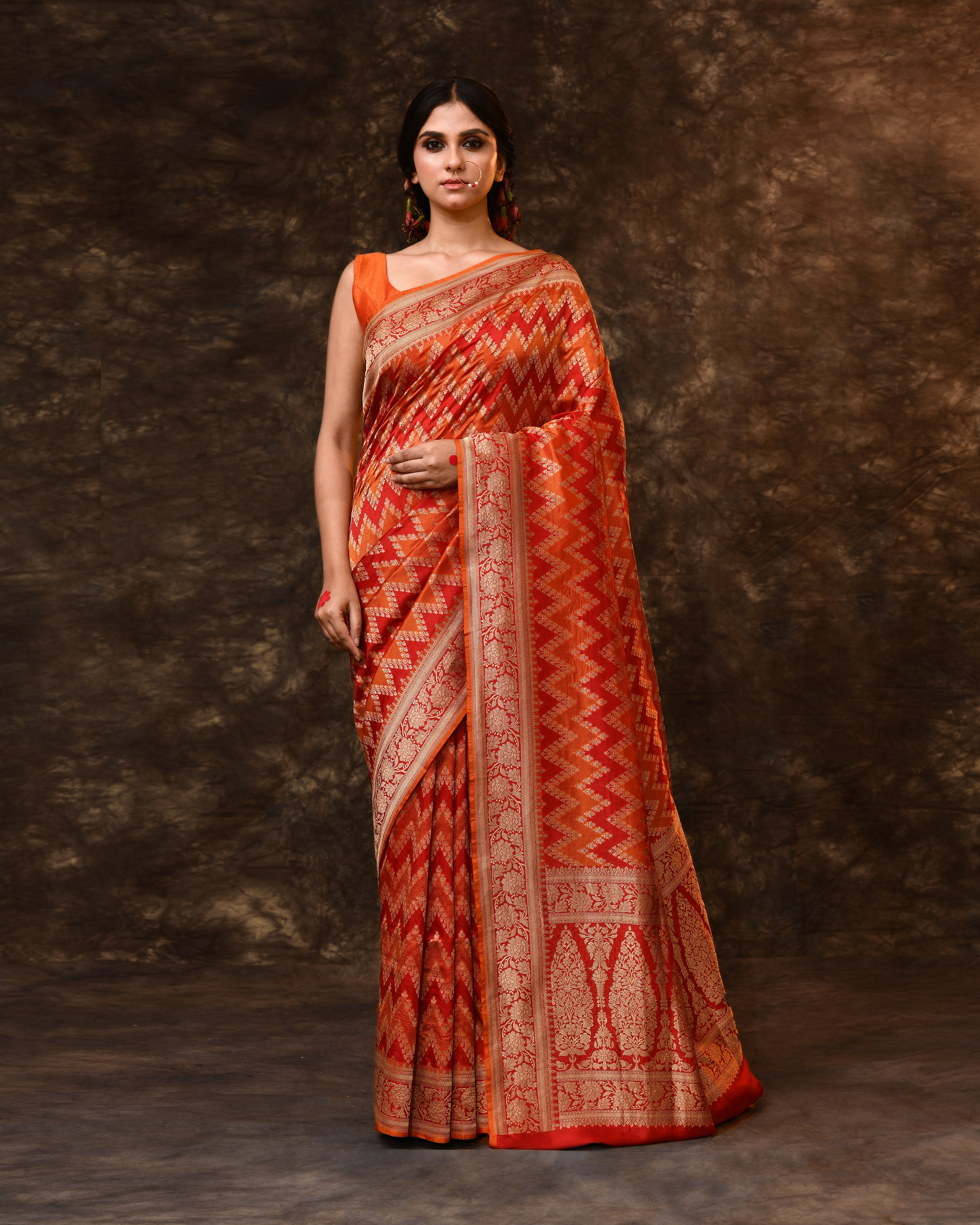 Orange Red Chevron Rangkaat Banarsi Silk Saree