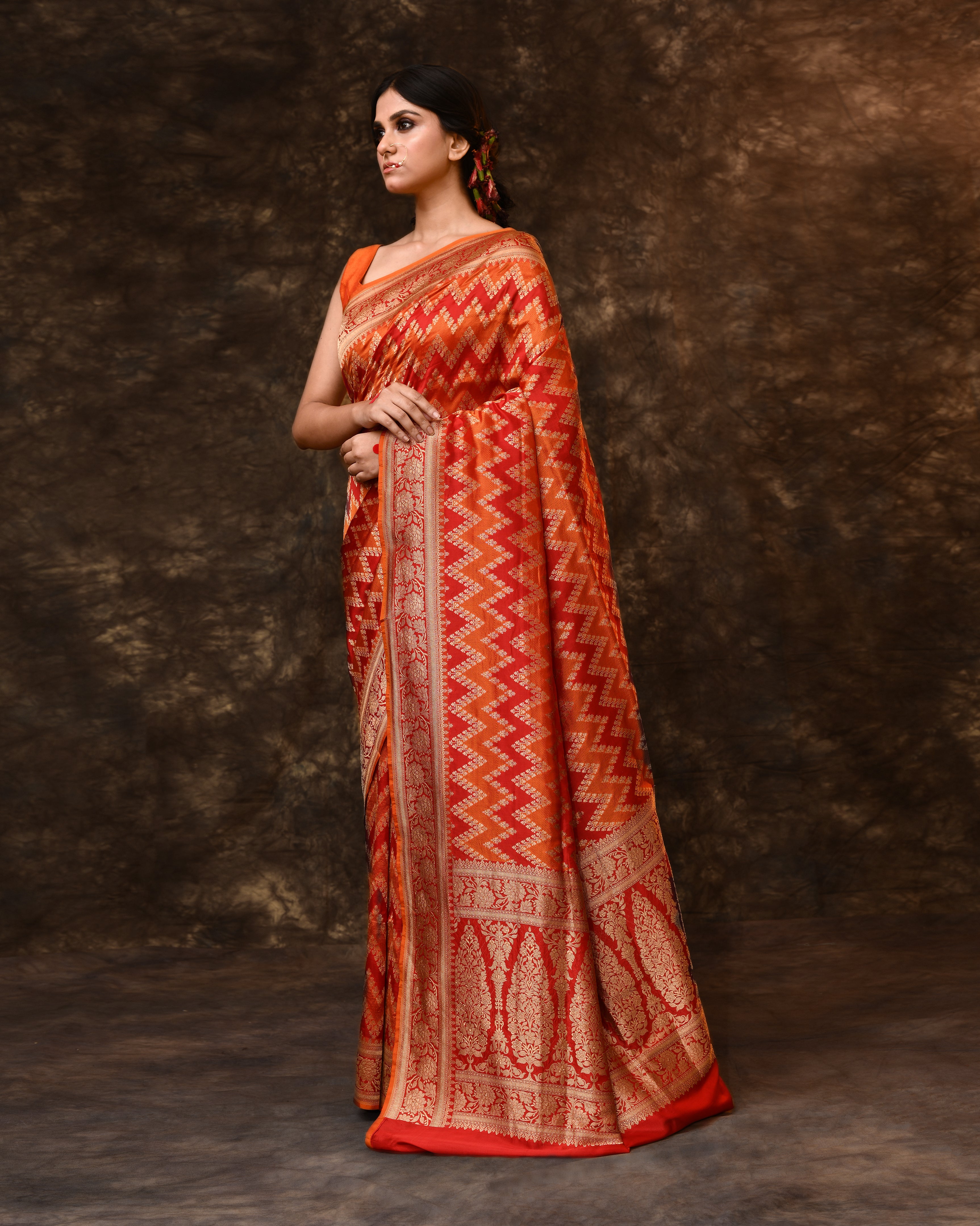 Orange Red Chevron Rangkaat Banarsi Silk Saree