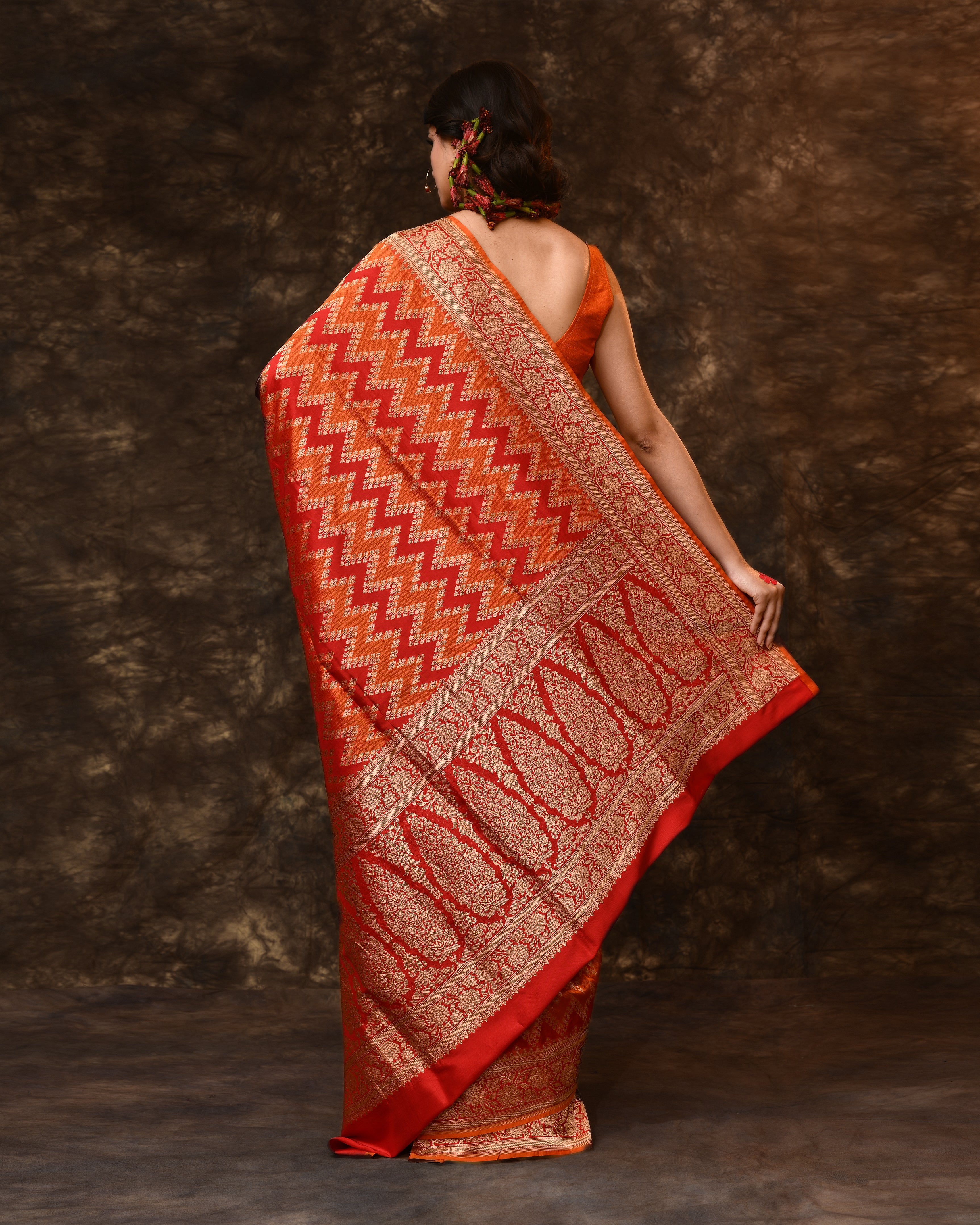 Orange Red Chevron Rangkaat Banarsi Silk Saree