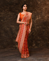 Orange Red Chevron Rangkaat Banarsi Silk Saree