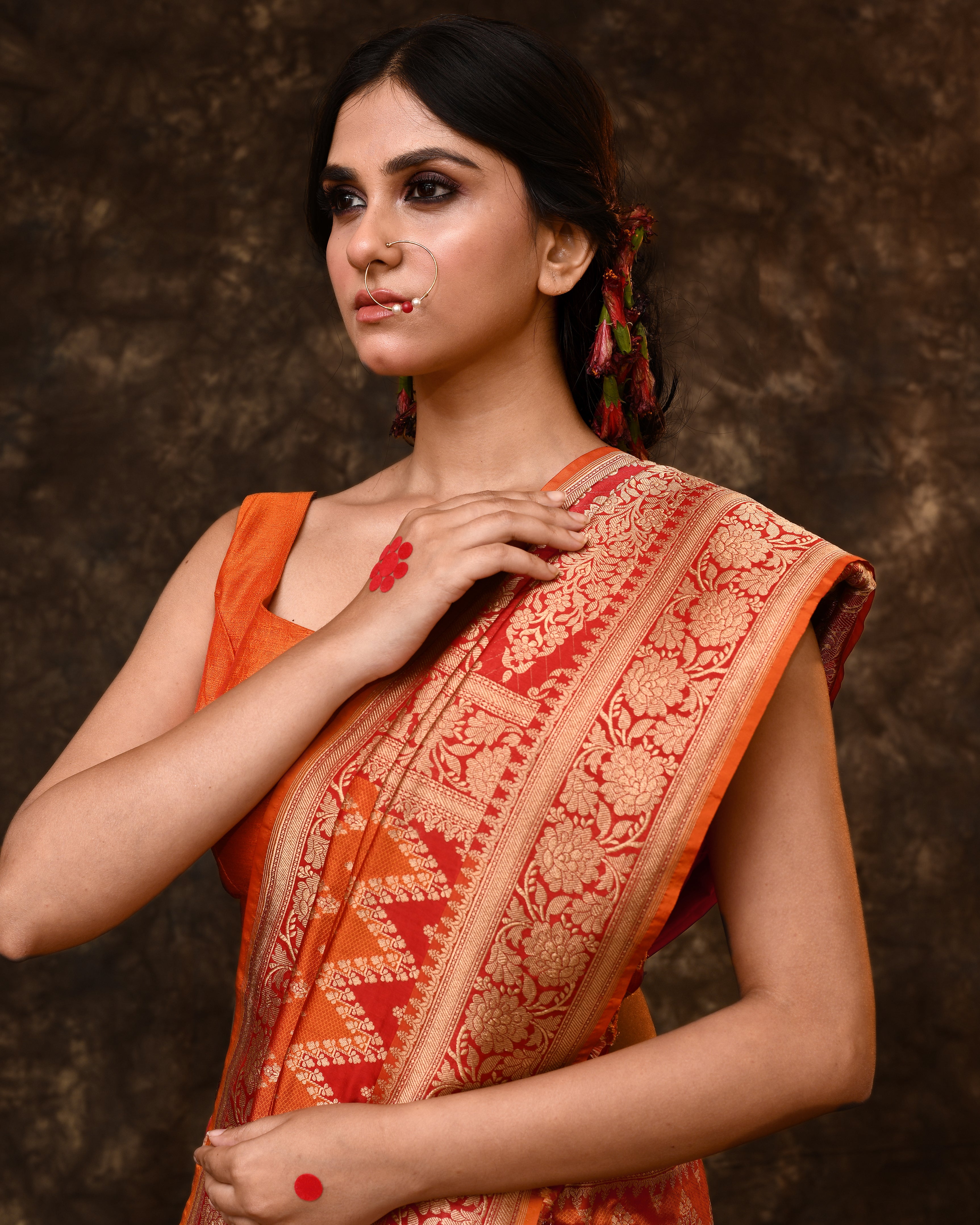 Orange Red Chevron Rangkaat Banarsi Silk Saree