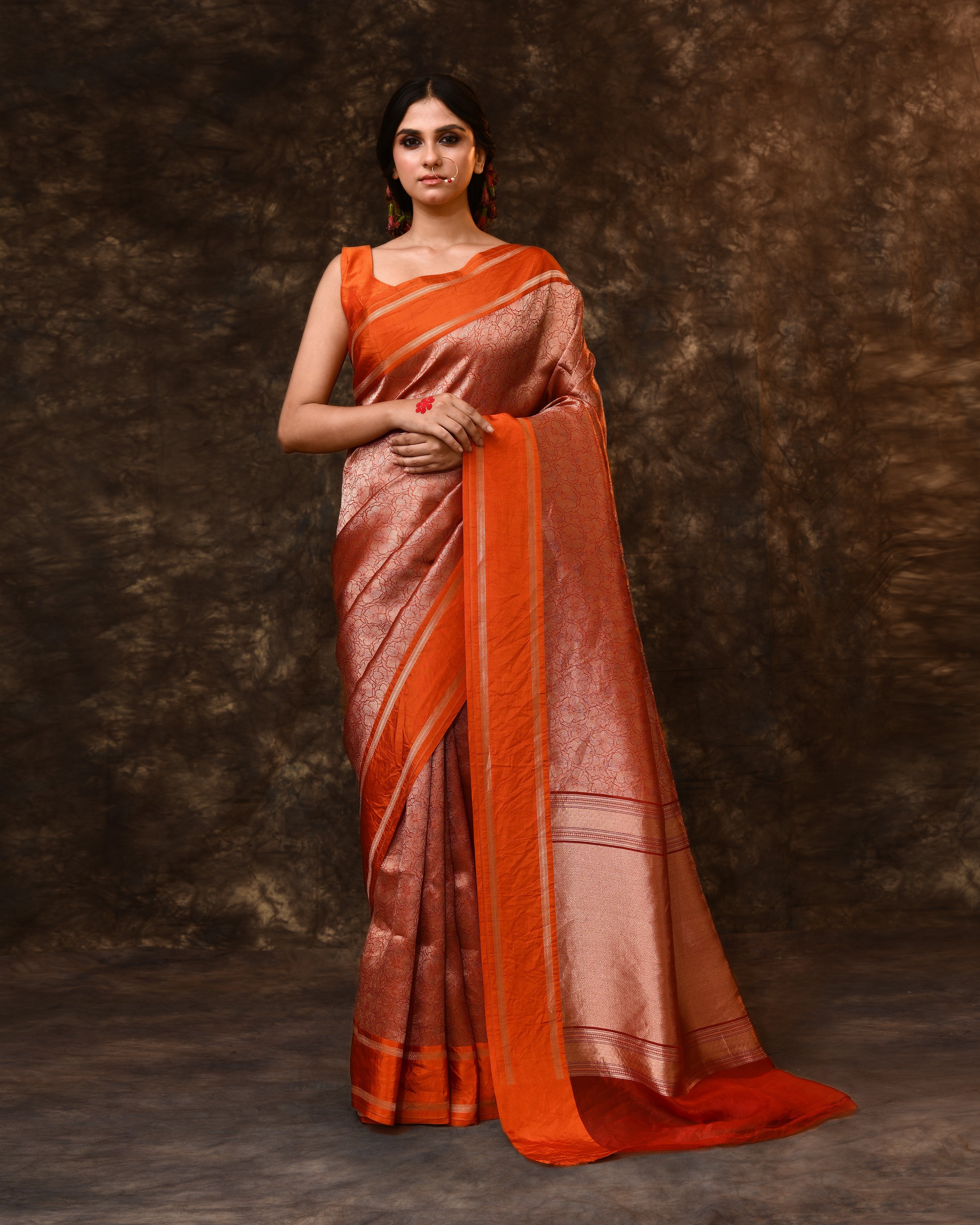 Orange Floral Kora Silk Saree with Running Blouse Piece
