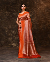 Orange Floral Kora Silk Saree with Running Blouse Piece