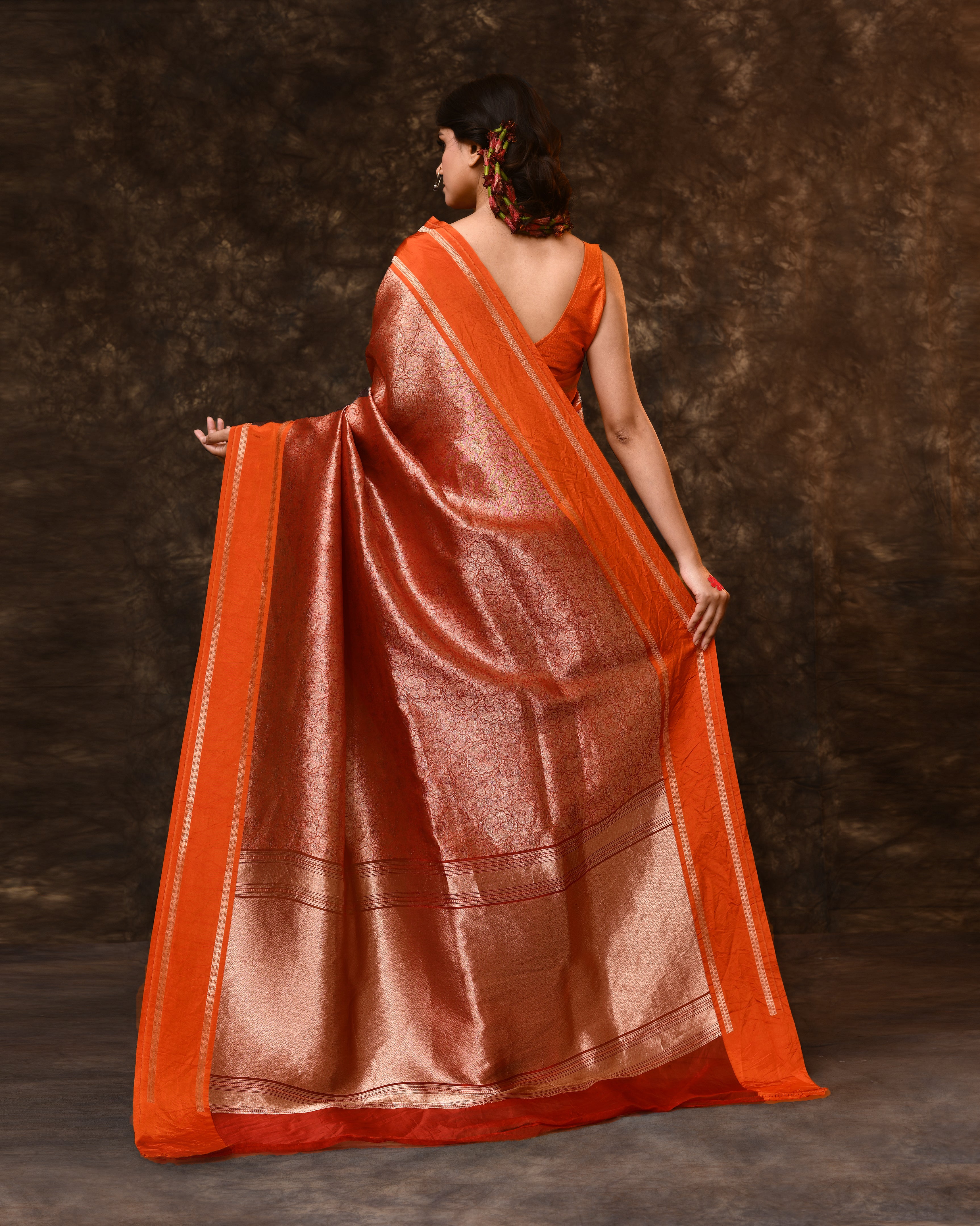 Orange Floral Kora Silk Saree with Running Blouse Piece