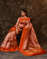 Orange Floral Kora Silk Saree with Running Blouse Piece