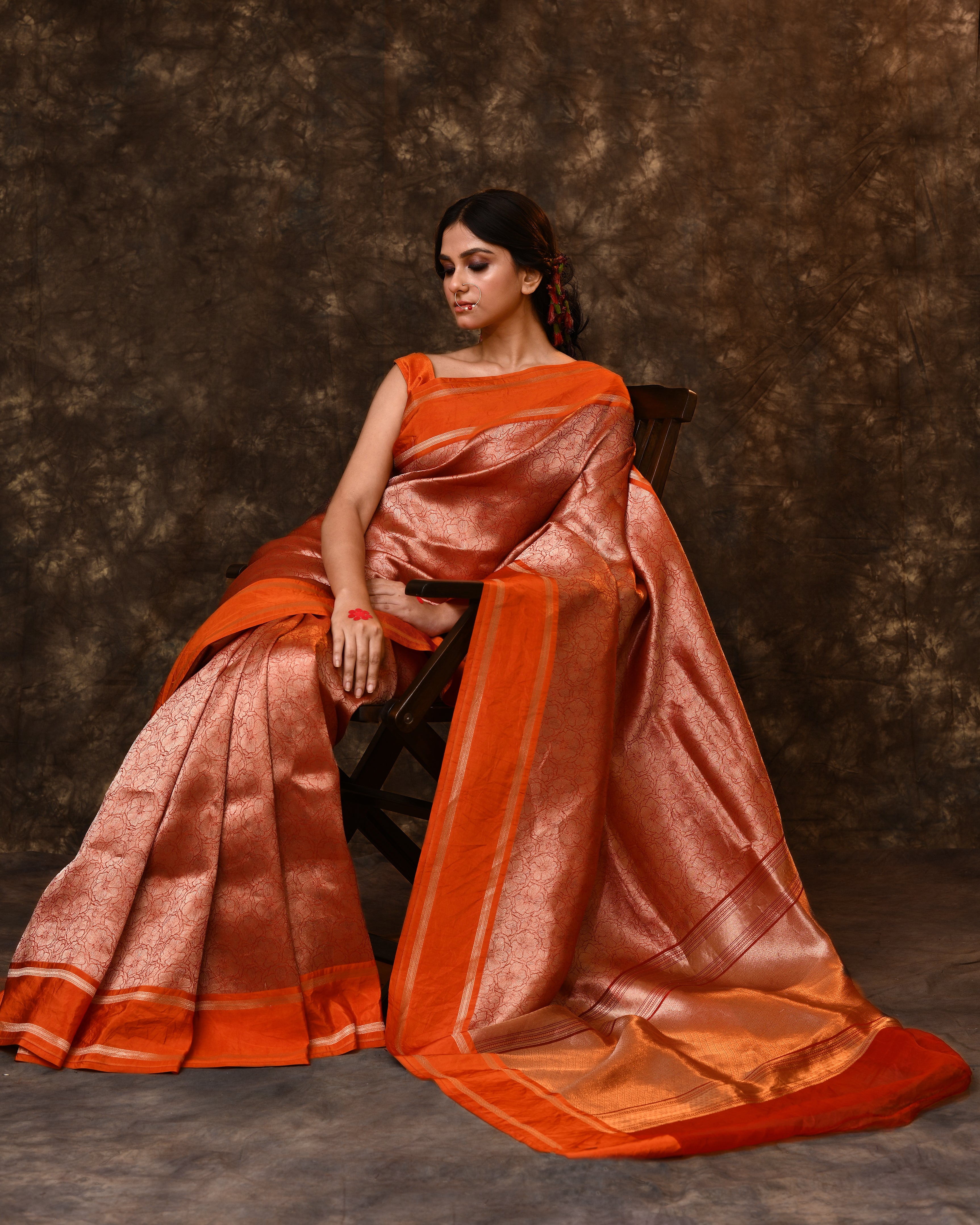 Orange Floral Kora Silk Saree with Running Blouse Piece