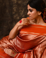 Orange Floral Kora Silk Saree with Running Blouse Piece