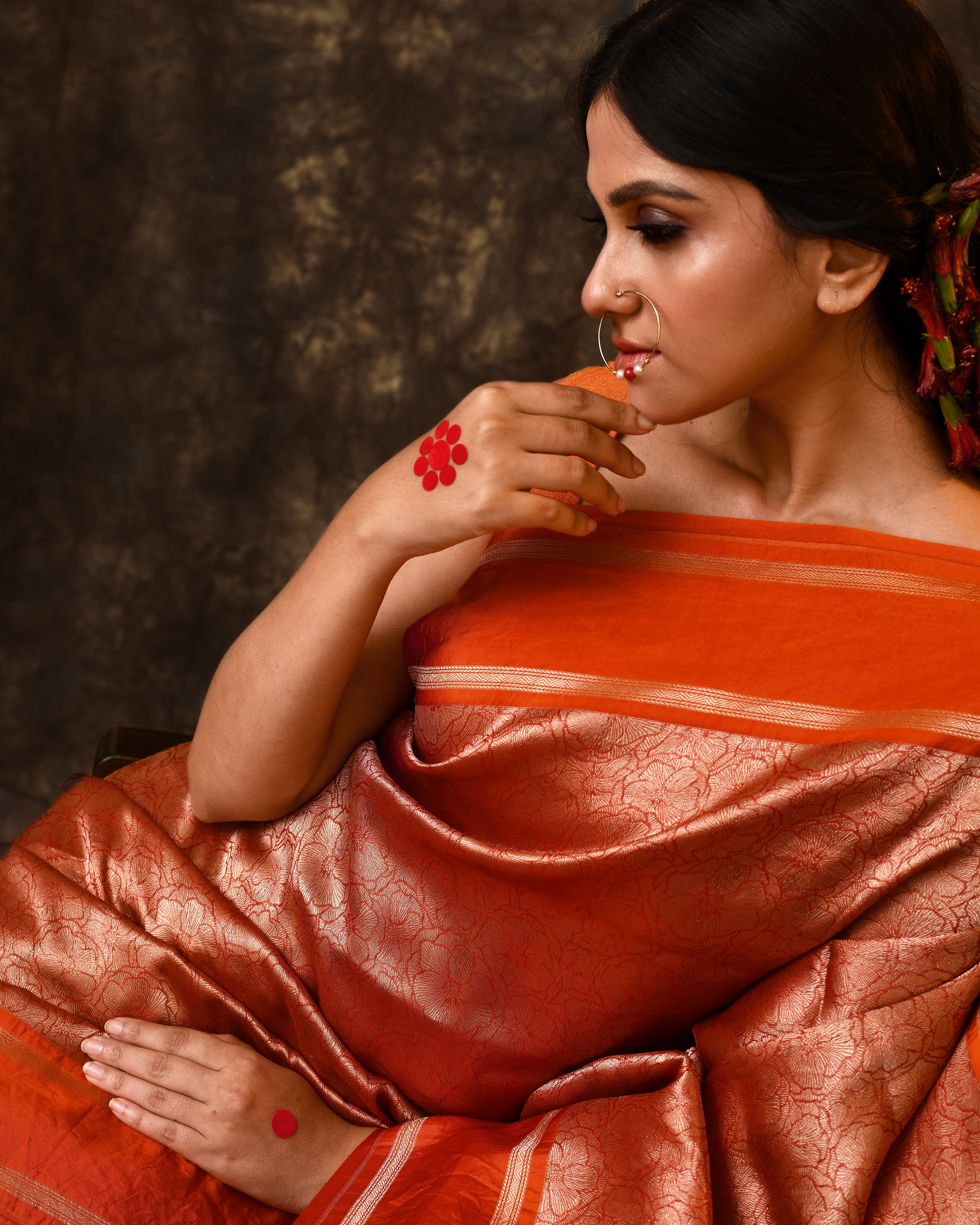 Orange Floral Kora Silk Saree with Running Blouse Piece