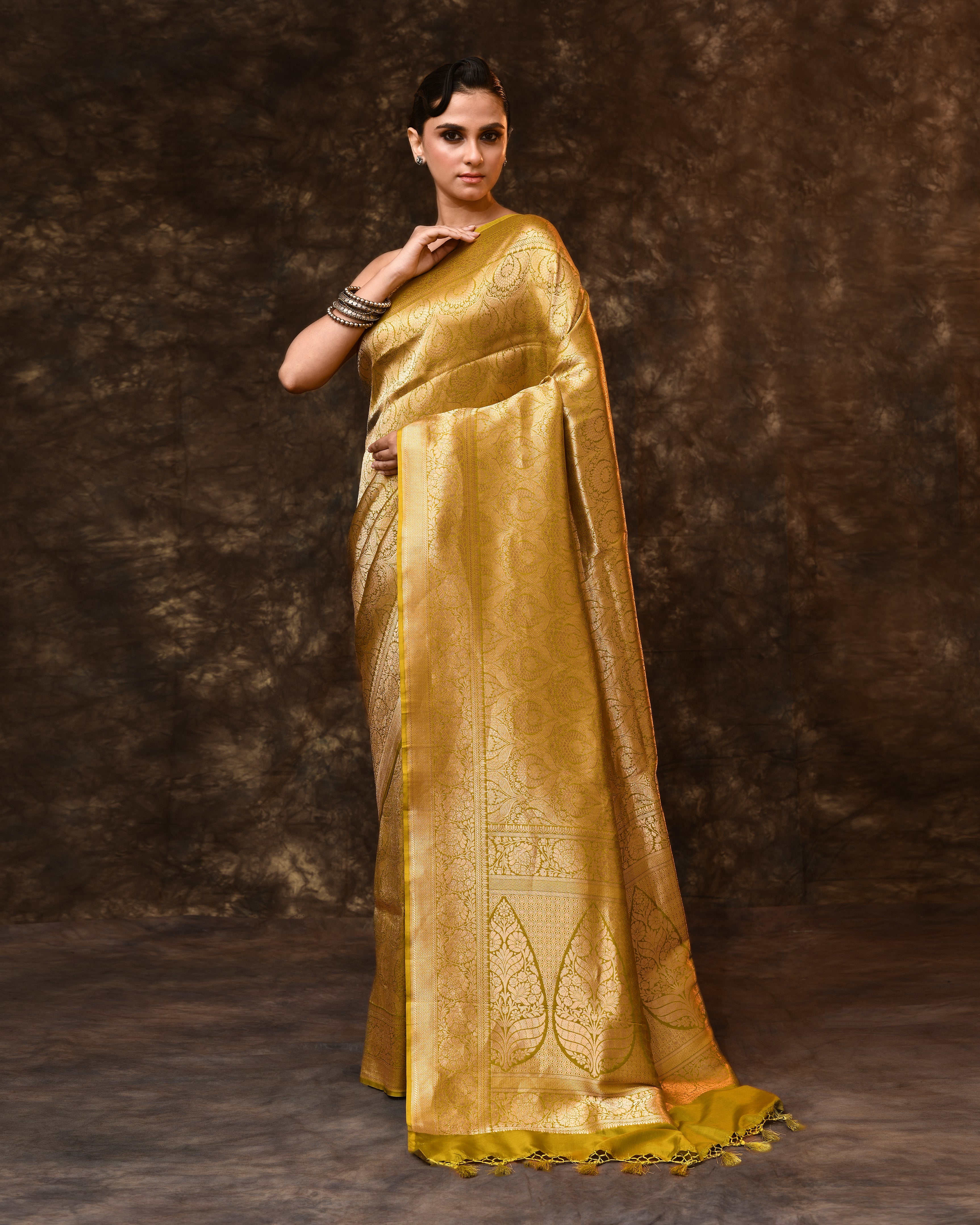 Lime Brocade Banarsi Silk Saree with Running Blouse Piece