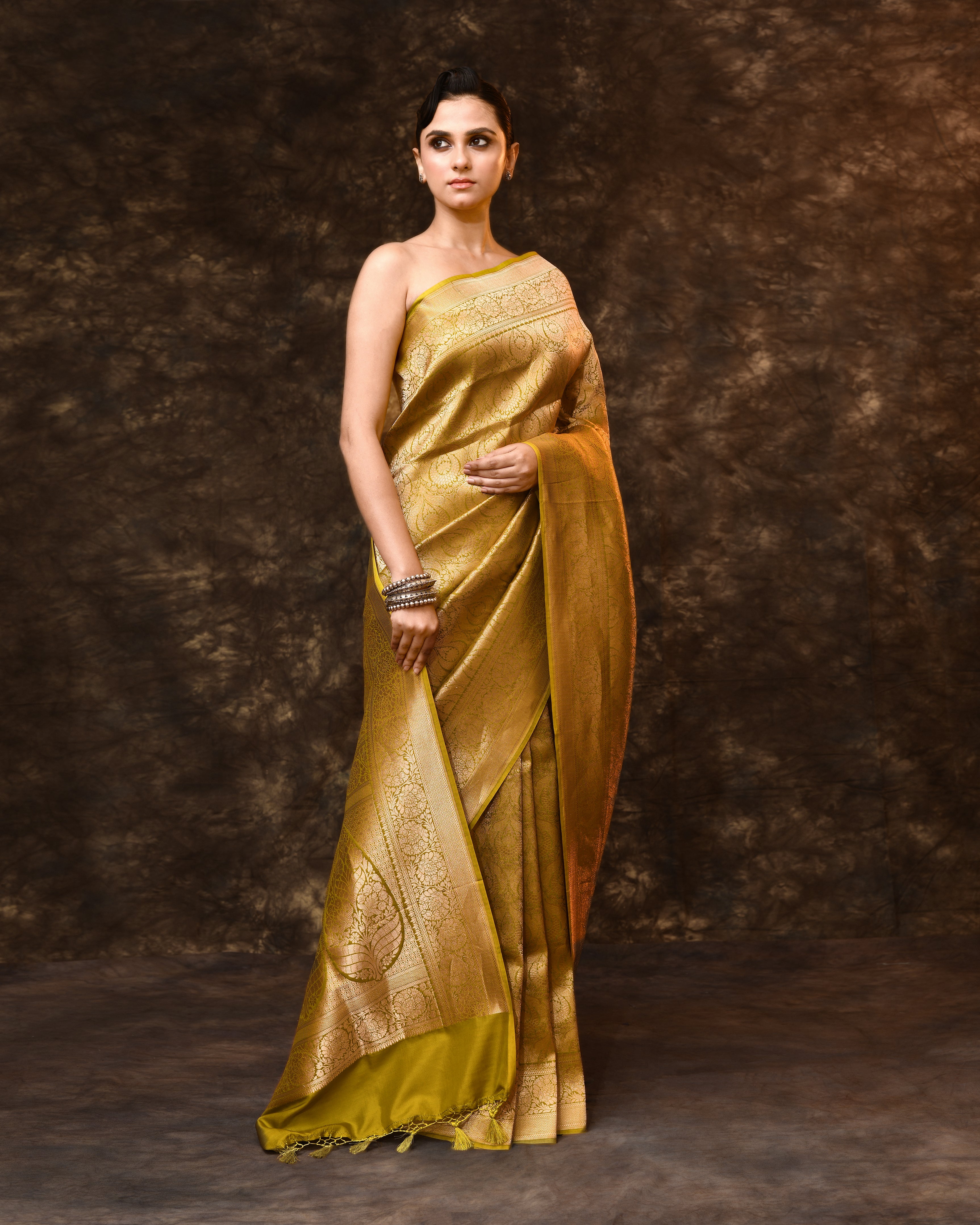 Lime Brocade Banarsi Silk Saree with Running Blouse Piece
