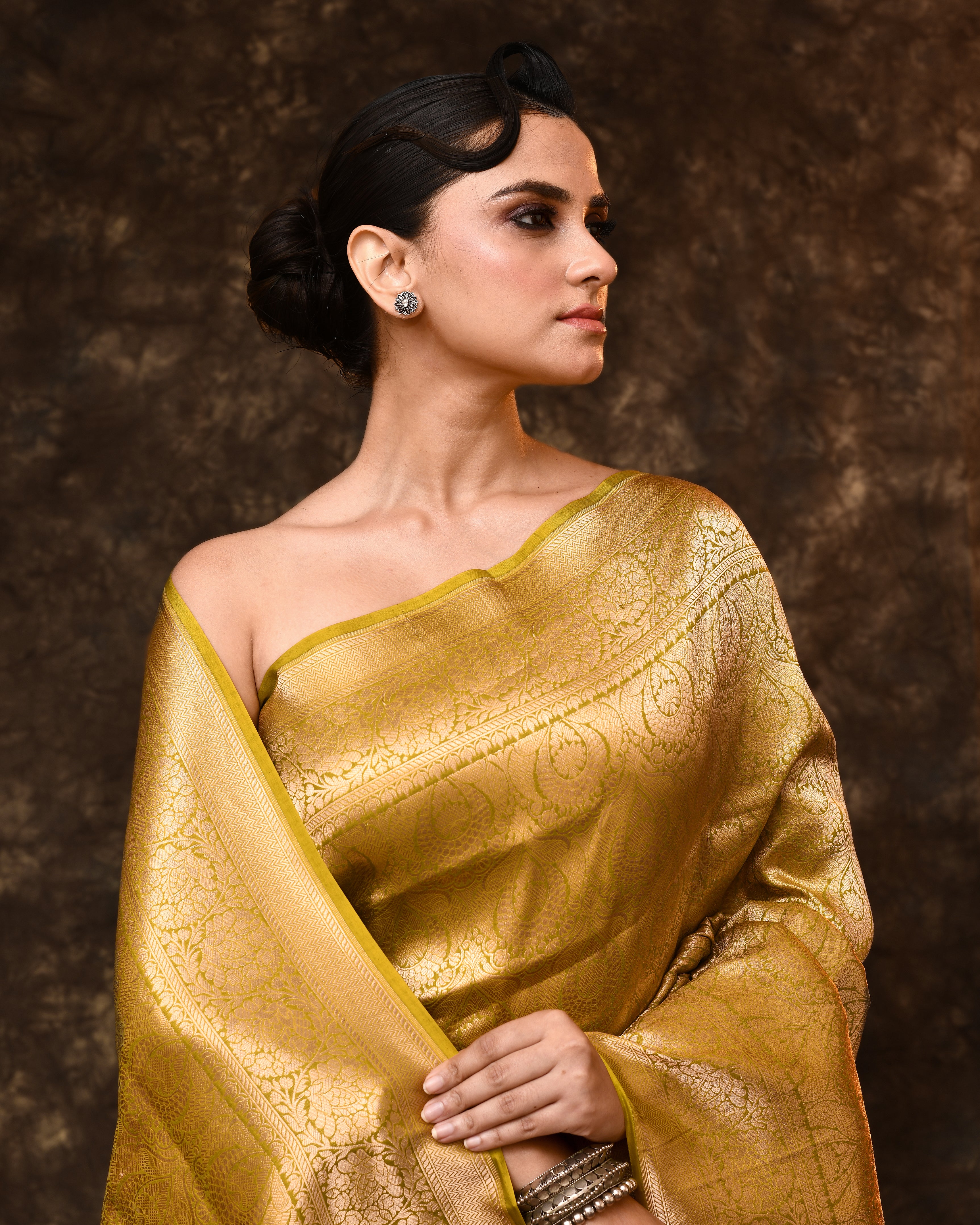 Lime Brocade Banarsi Silk Saree with Running Blouse Piece